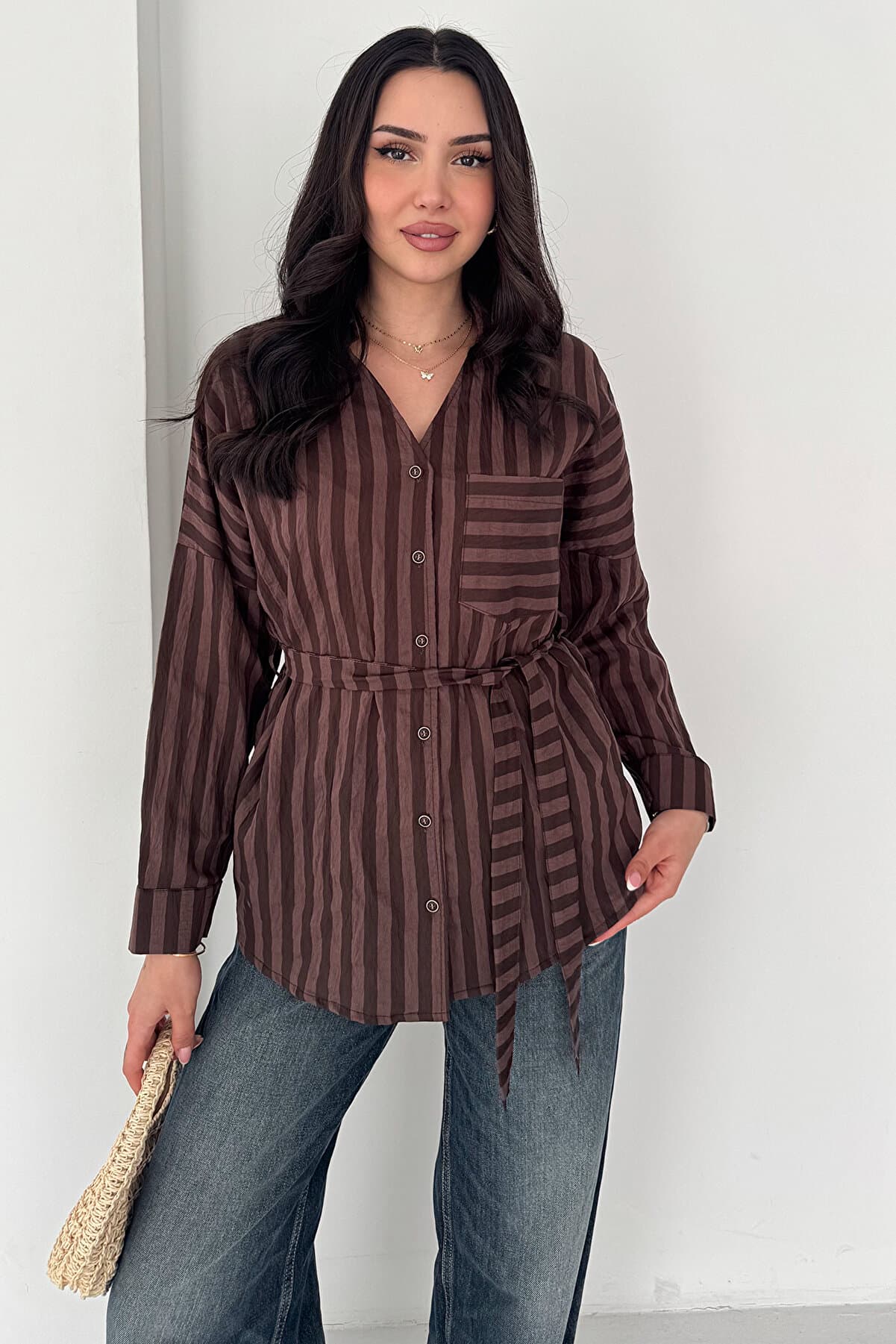 Women's Belted Shirt – Stylish Long Sleeve Shirt with Pockets and Relaxed Fit