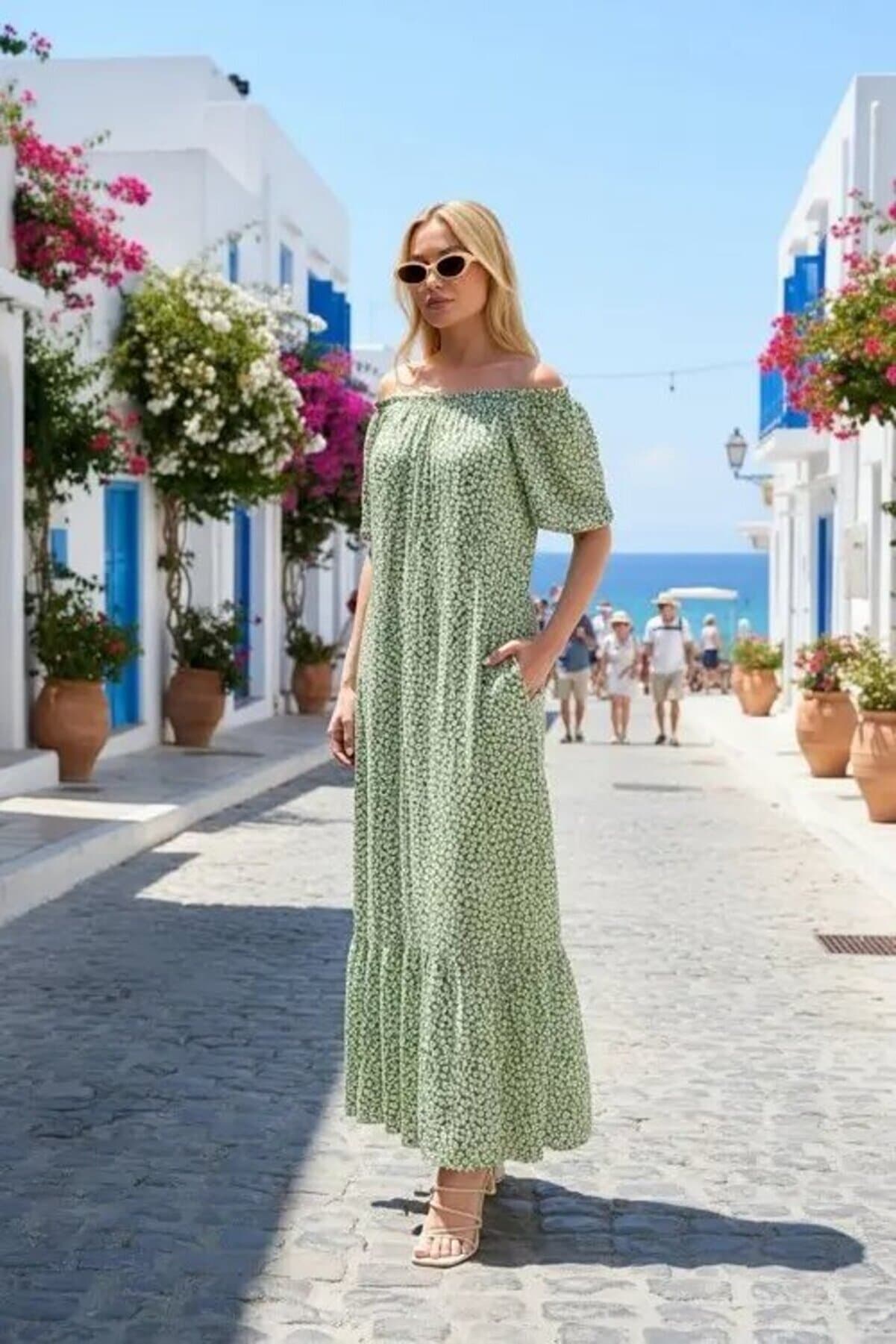 Madonna Collar Green Floral Print Maxi Dress – Comfortable Cut Summer Dress