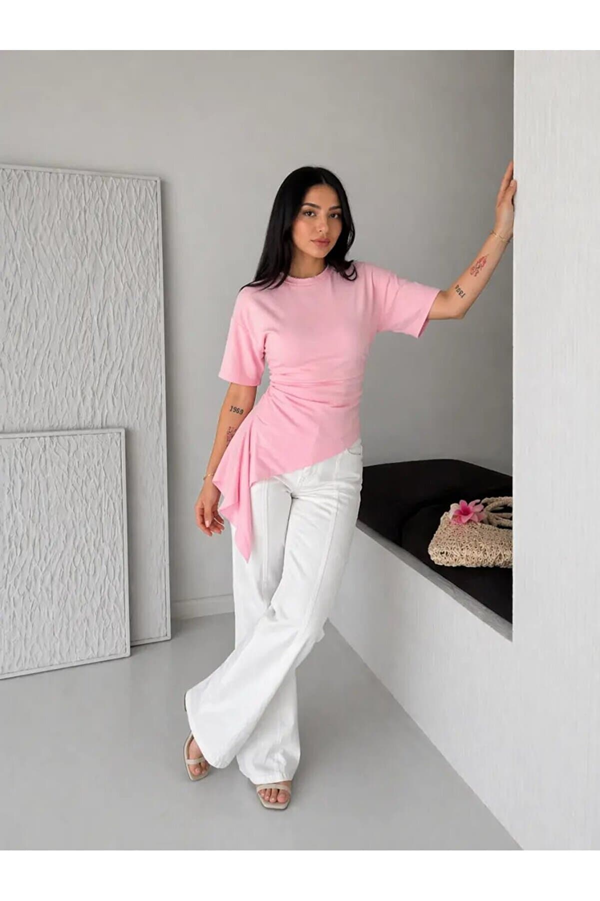 Pink Asymmetrical Draped Modern Basic Blouse