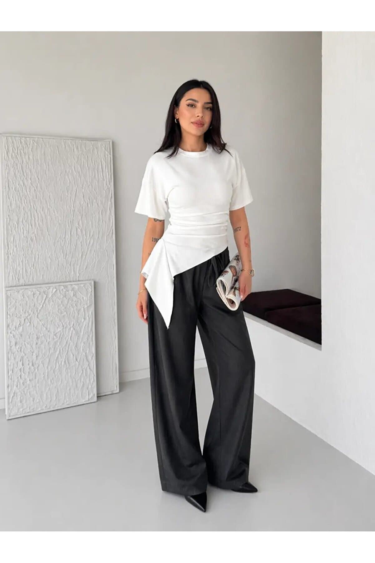 White Asymmetrical Draped Modern Basic Blouse