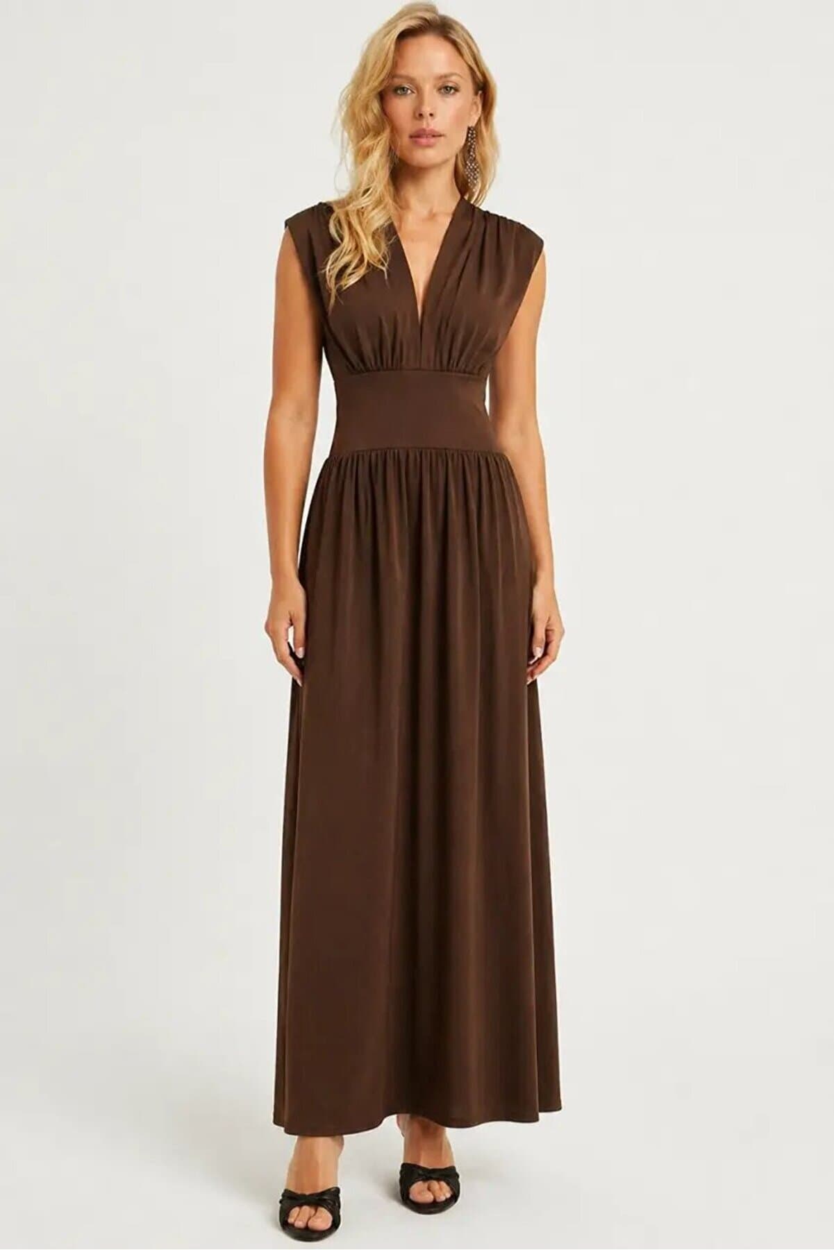 Elegant V-Neck Brown Maxi Dress with Ruffle Detail