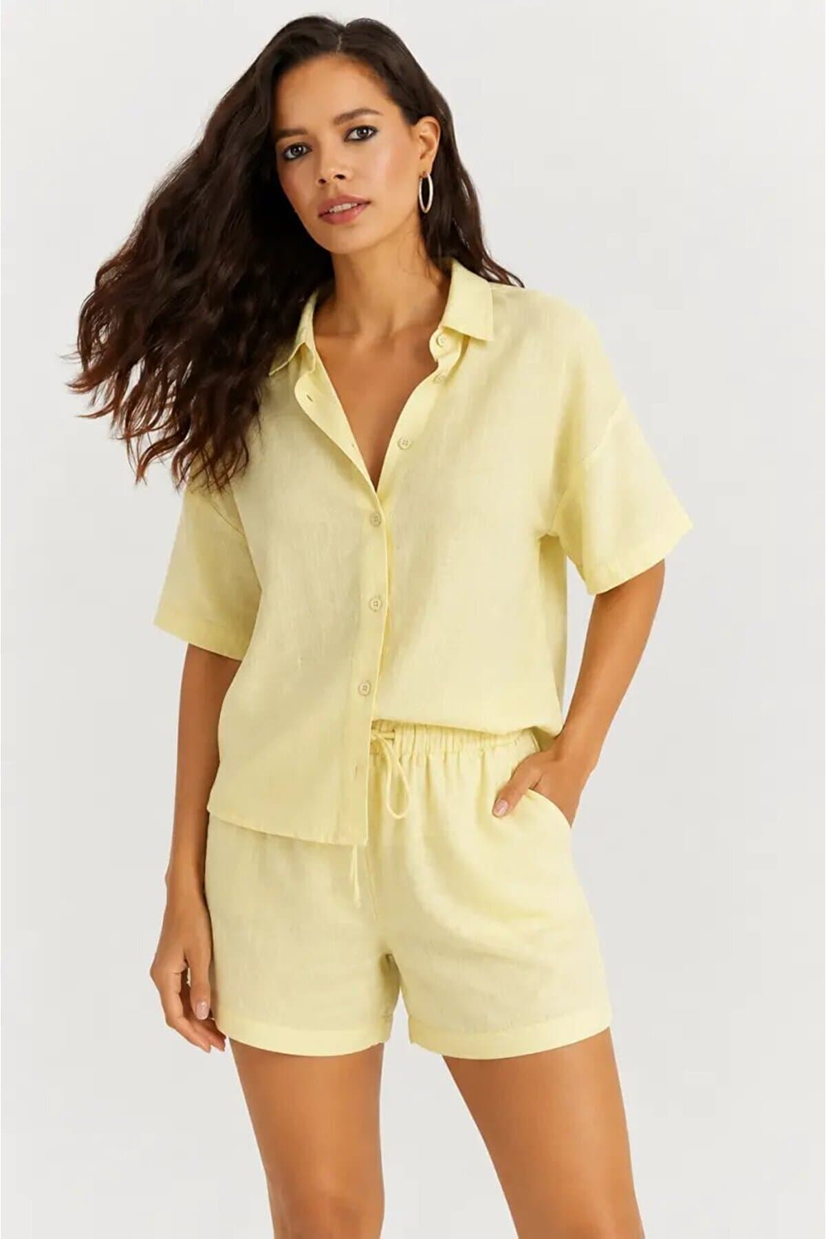 Yellow Linen Shirt Shorts Set