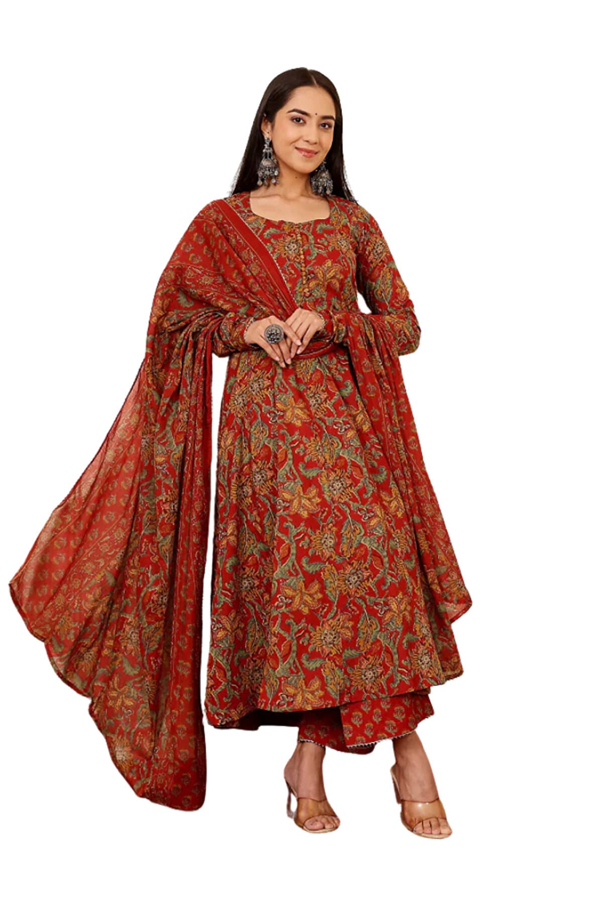 Red Viscose Rayon Kameez Salwar & Dupatta - VRN1025 | Red-Size:(S-36-Inches)