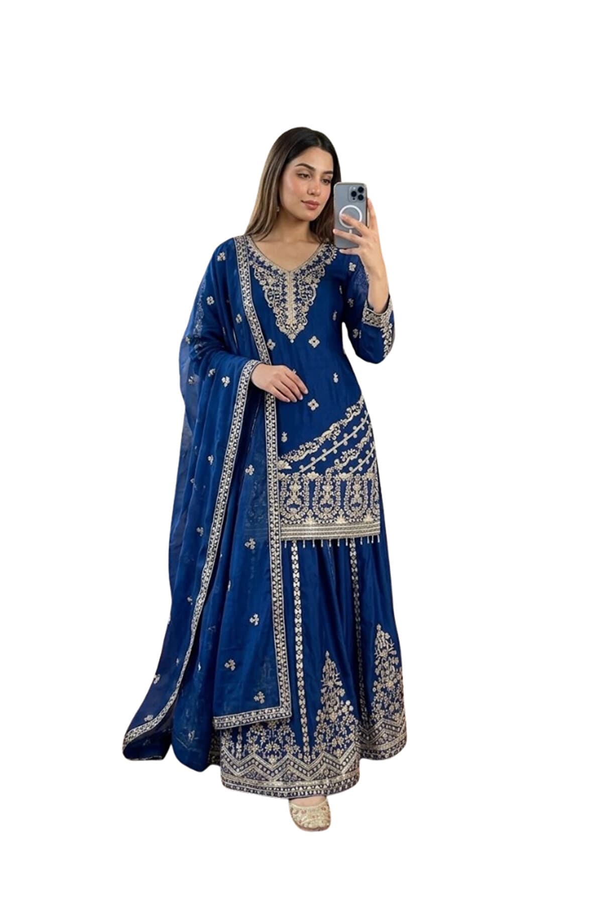 Blue Vicitra Silk Embroidered Sharara Set with Dupatta - HRT7872 | Blue-Size-L-40-Inches