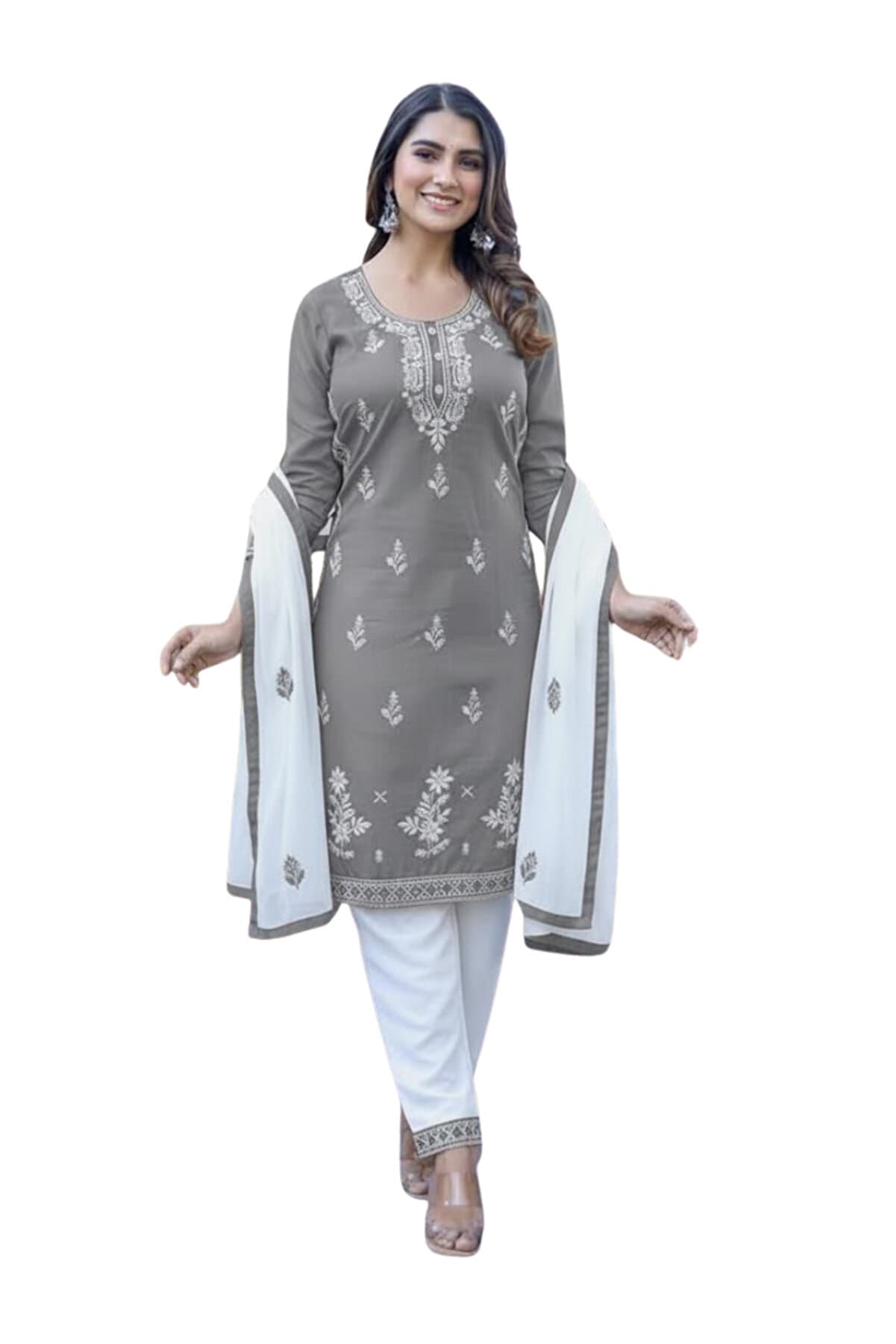 Gray Rayon Cotton Embroidered Big Size Kurta Set - FFT8082 | Gray