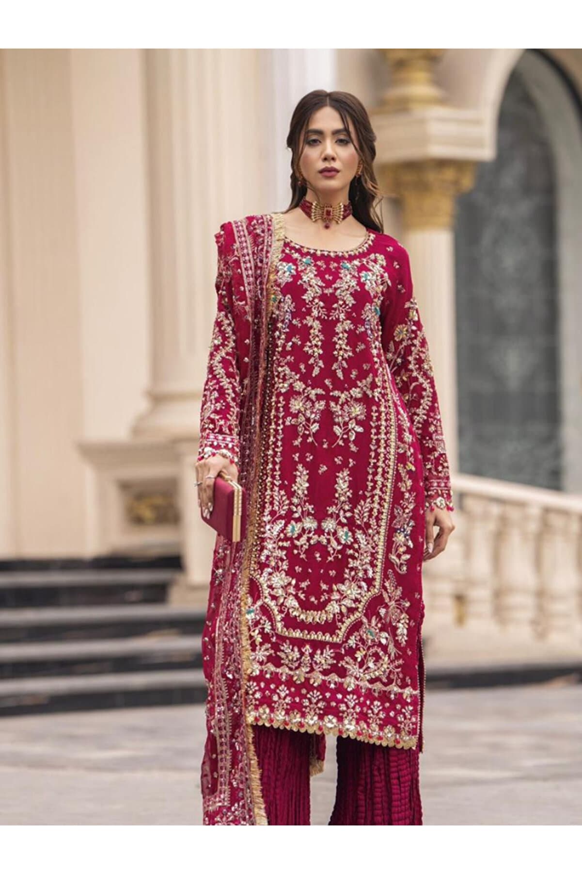 Maroon Heavy Faux Georgette Embroidered Palazzo Suit Set - HRT7523 | Maroon-Size:M-38-Inches
