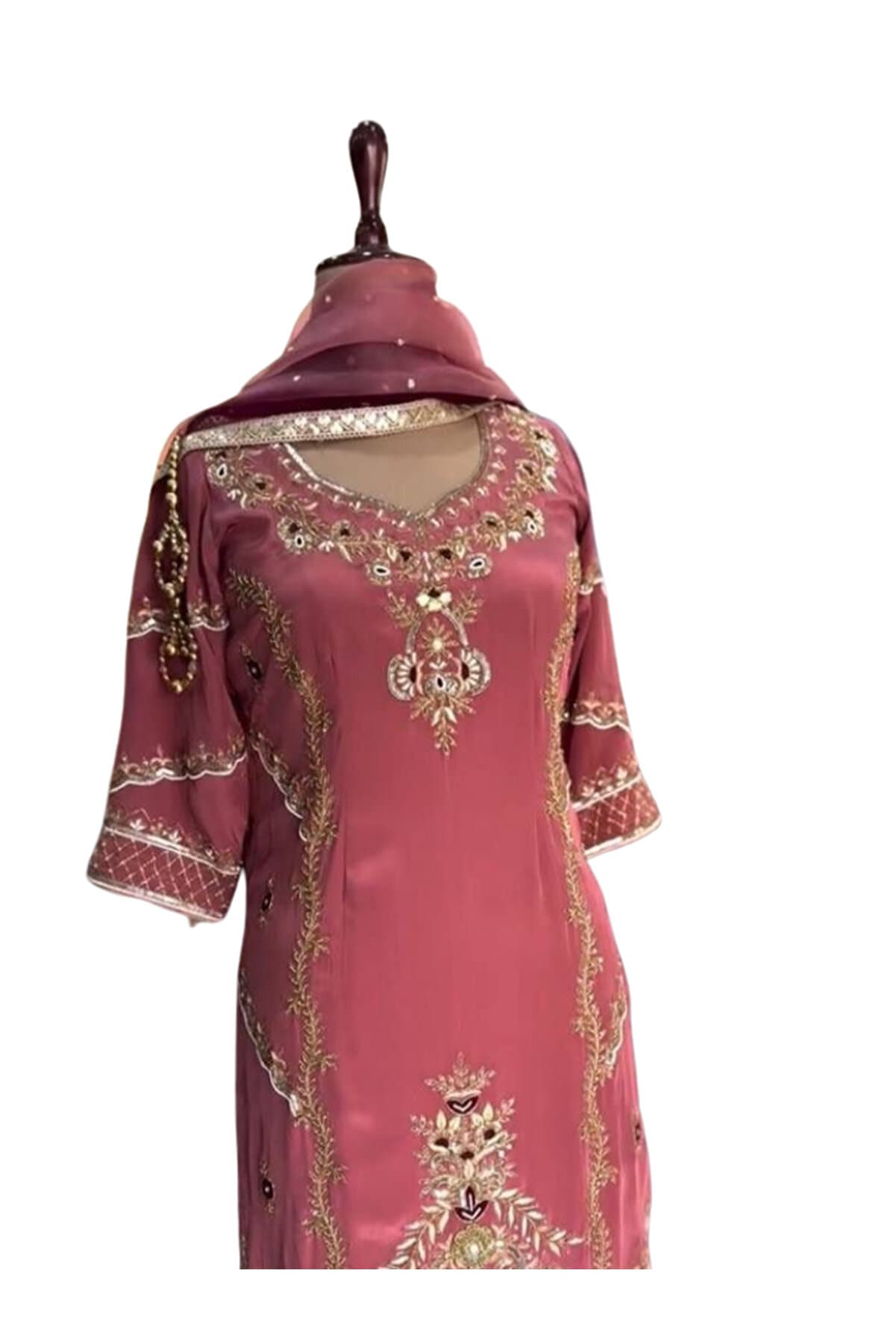 Dusty Rose Faux Georgette Embroidered Kurta Palazzo Set with Net Dupatta - HRT5502 | Dusty Rose