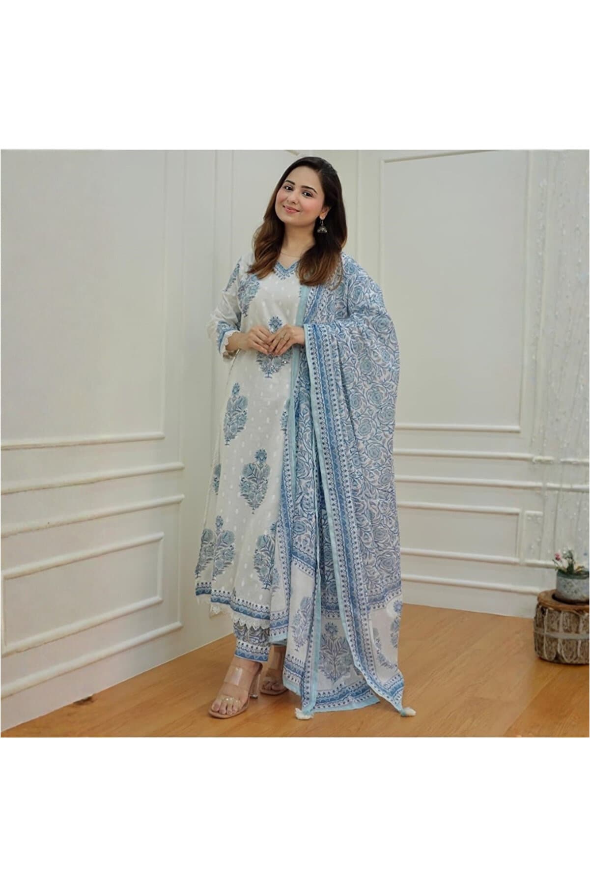 White Cotton Salwar Kameez Dupatta - ALV1007 | White-Size-M-38Inches