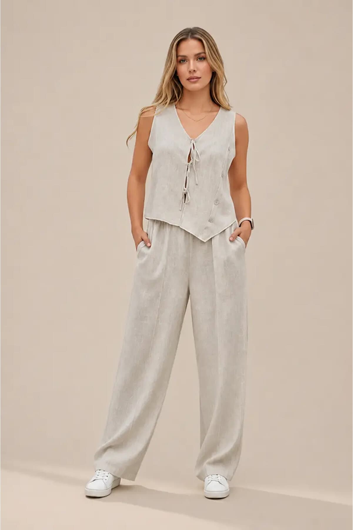 Strap Rope B Tie-Detail Side Button Detailed K Linen Set