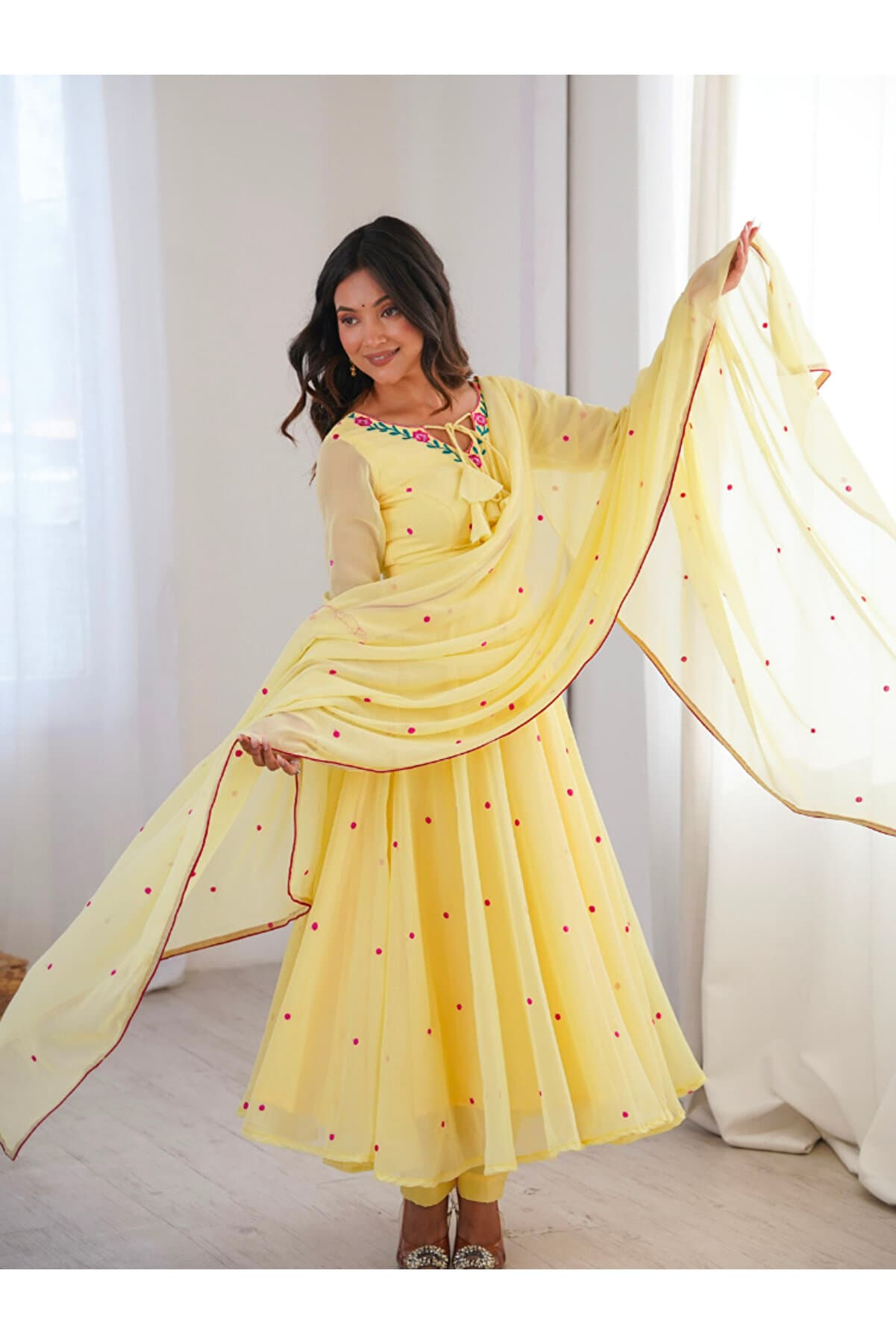 Yellow Embroidered Faux Georgette Anarkali Set - HRT9340 | Yellow-Size:2XL-44-Inches