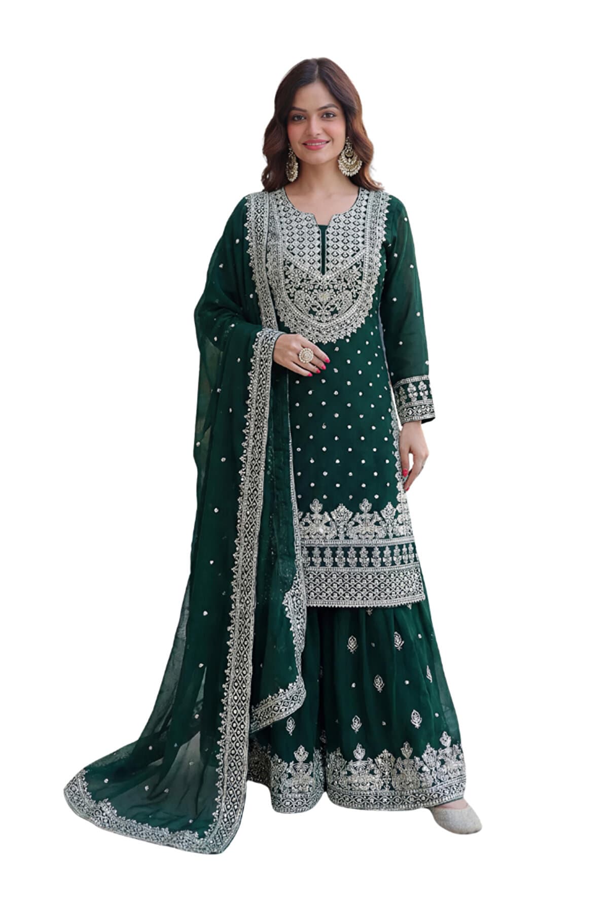 Green Faux Georgette Kurti Sharara & Dupatta - HRT7581 | Green-Size:M-38-Inches