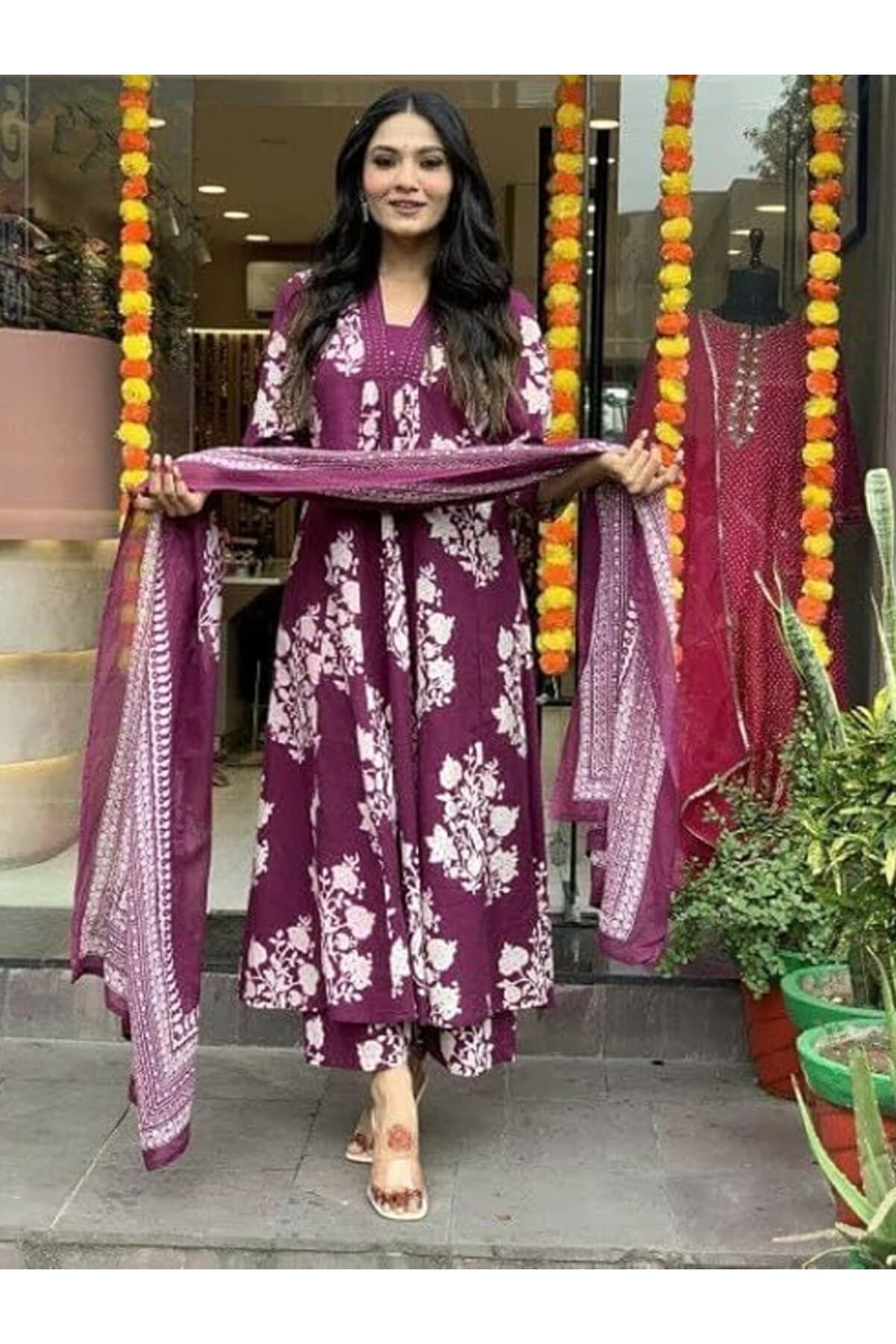 Purple Rayon Printed Kurta with Palazzo & Dupatta - ALV2018 | Purple-Size:M-38-Inches