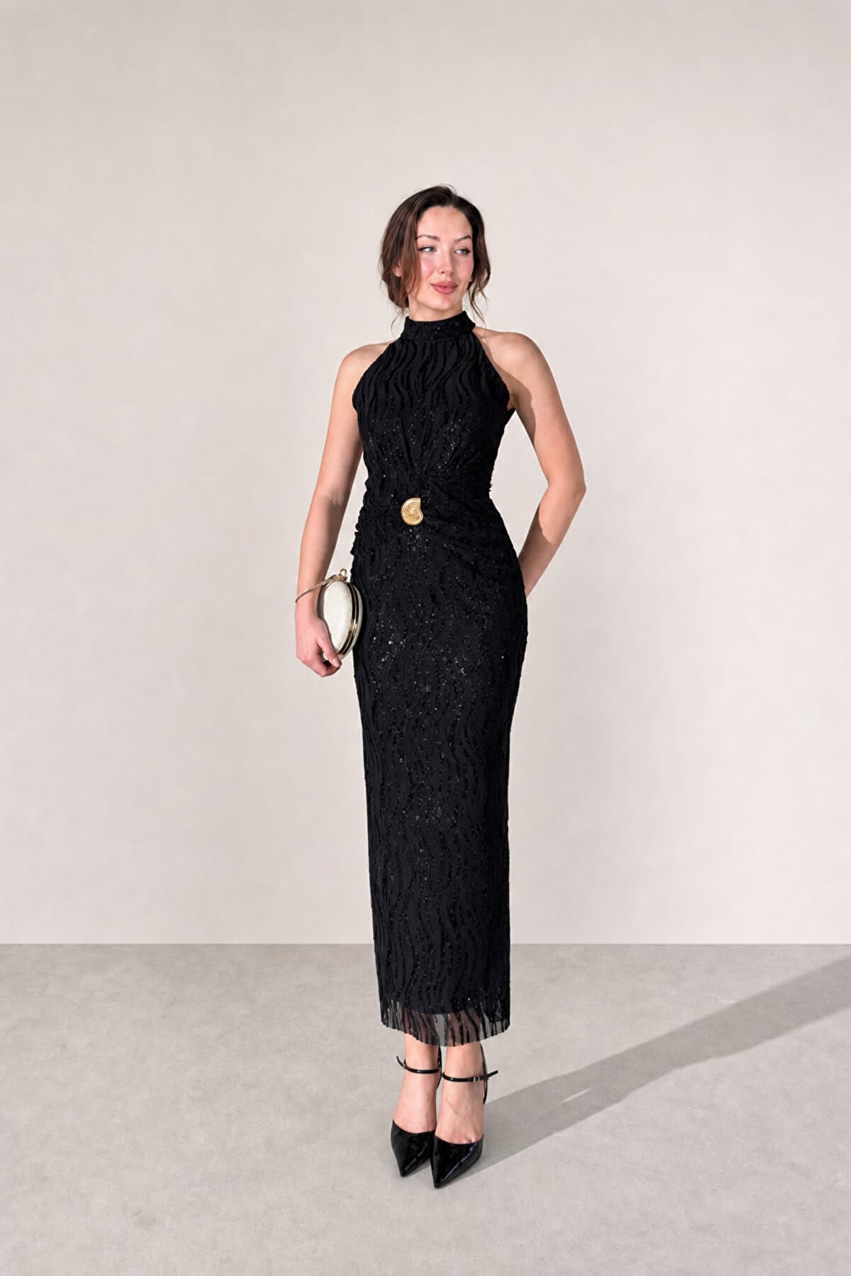 Women's Black Flock Print Halter Neck Glitter Detail Maxi Dress
