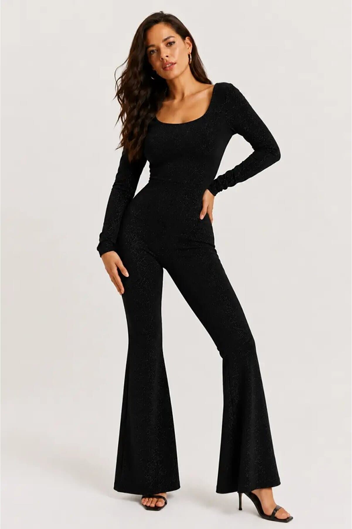 Backless Glittery Spanish Leg Jumpsuit – Black