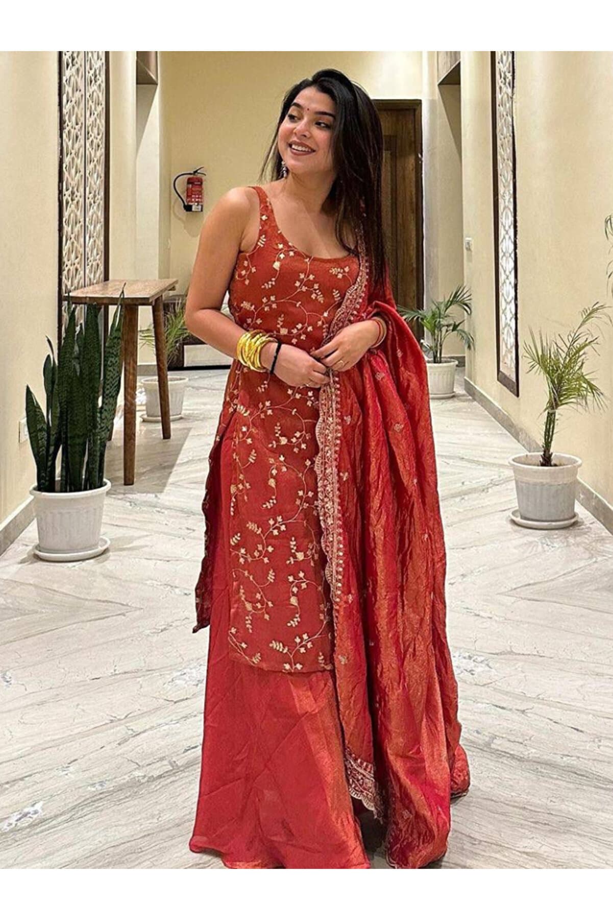 Rust Orange Chinnon Embroidered Salwar Suit - HRT4727 | Rust