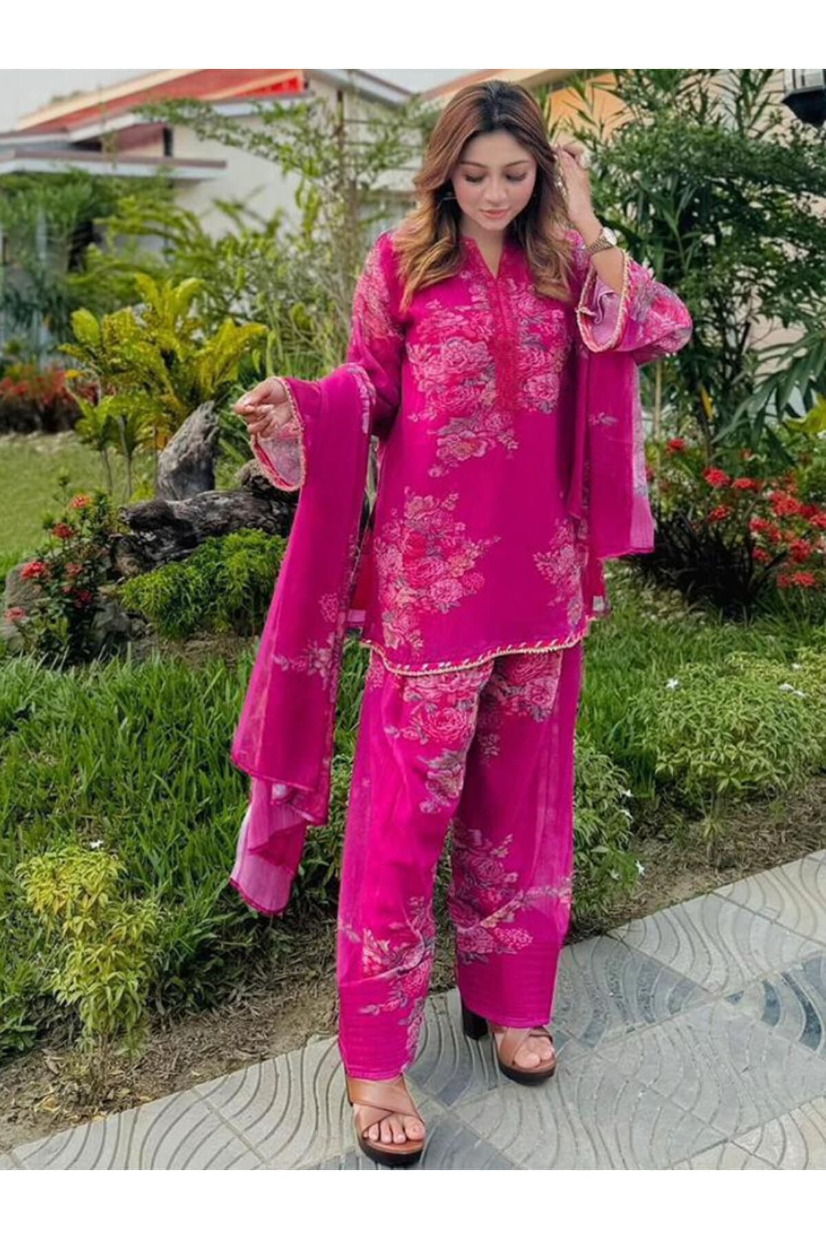 Pink Faux Georgette Printed Farshi Pant Set with Dupatta - HRT7509 | Pink-Size:2XL-44-Inches