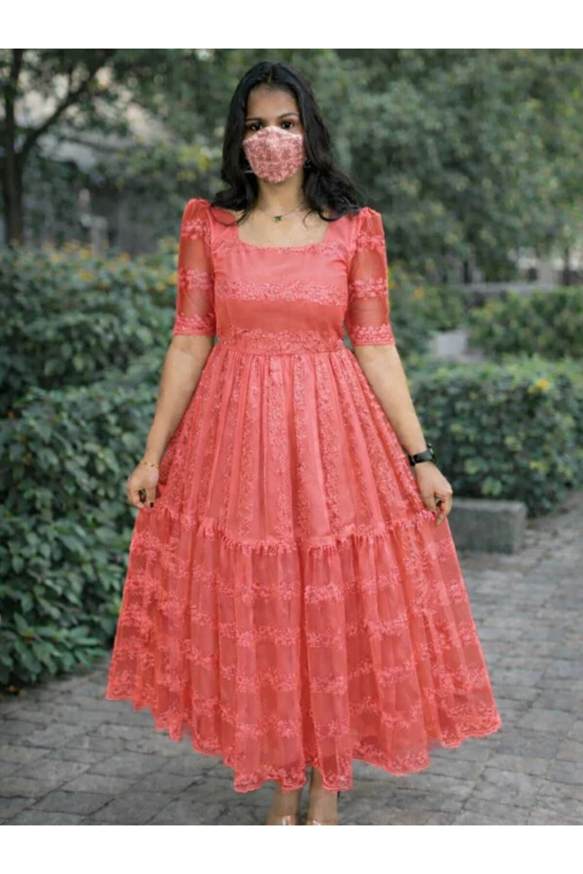 Pink Twill Satin Tissue Gown - FFT8797 | Pink-Size:XL-42-Inches