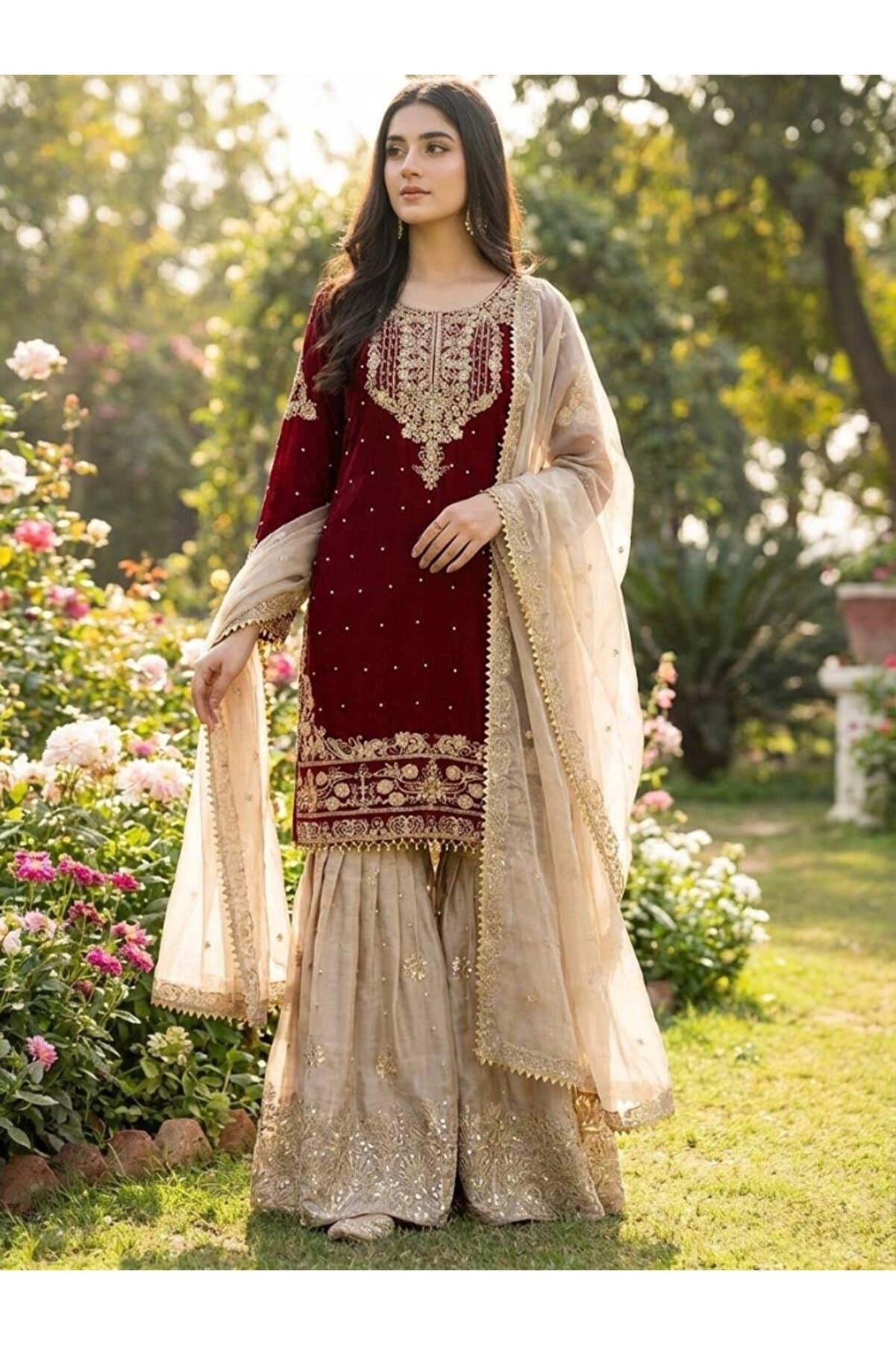 Maroon Heavy GMY Silk Embroidered Palazzo Suit Set - FFT6773 | Maroon-Size:M-38-Inches