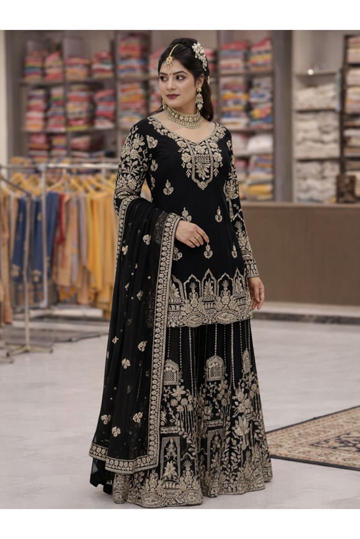 Black Faux Georgette Top Pent Dupatt Set - HRT7429 - Black-Size:2XL-44-Inches