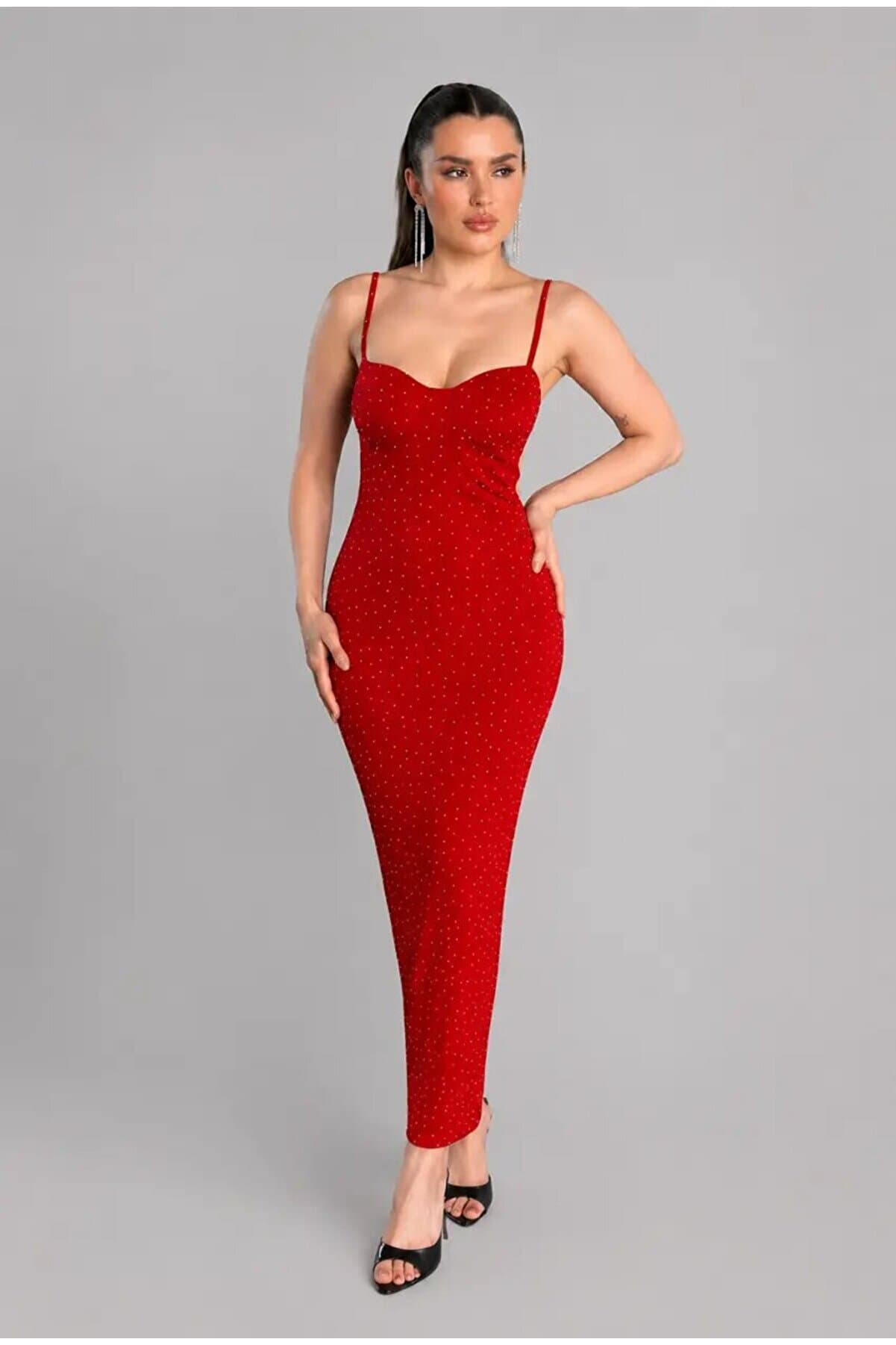 Stone Detailed Bodycon Strap Evening Dress