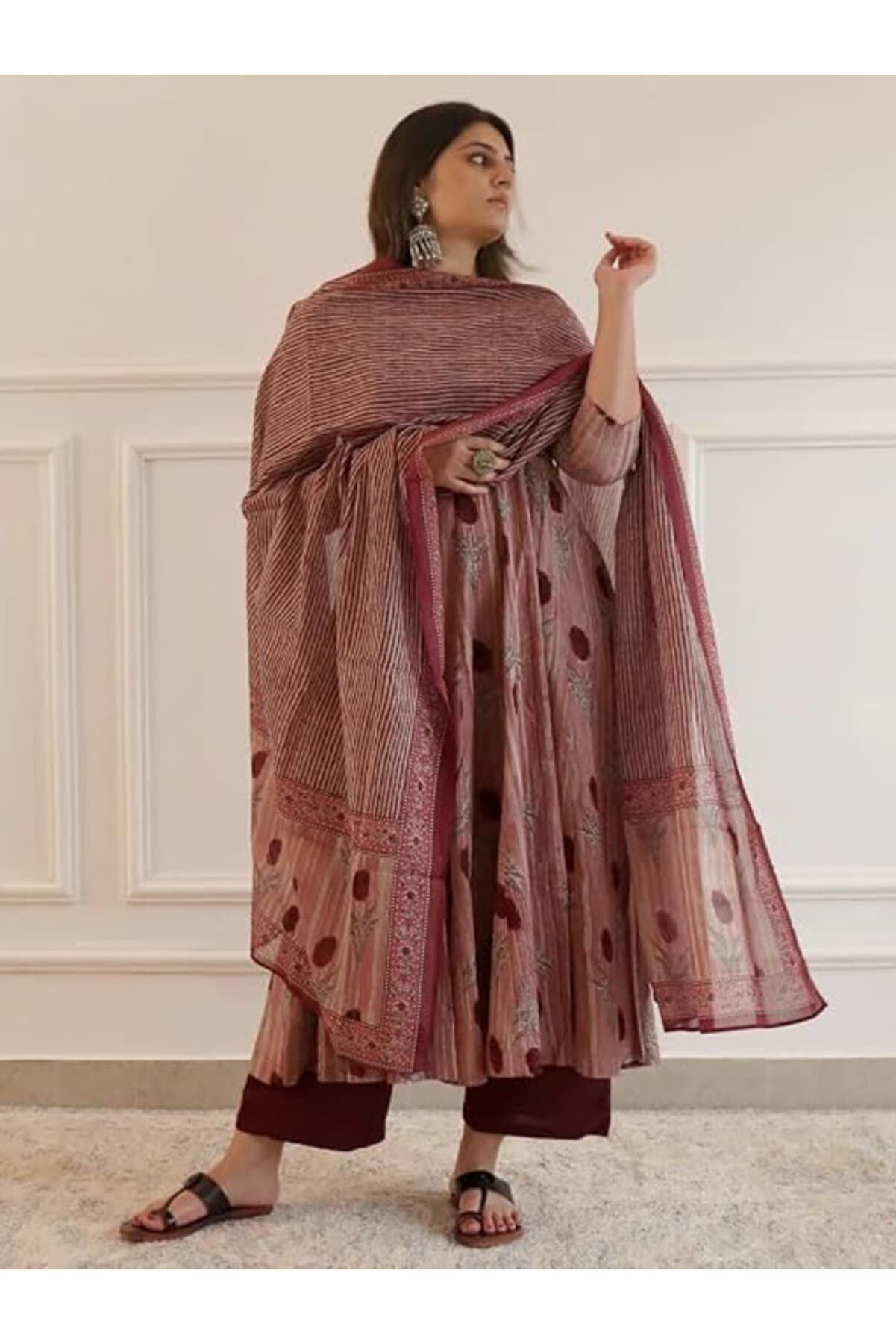 Maroon & Brown Floral Printed Viscose Rayon A-Line Kurta Set - ALV2051 | Maroon & Brown