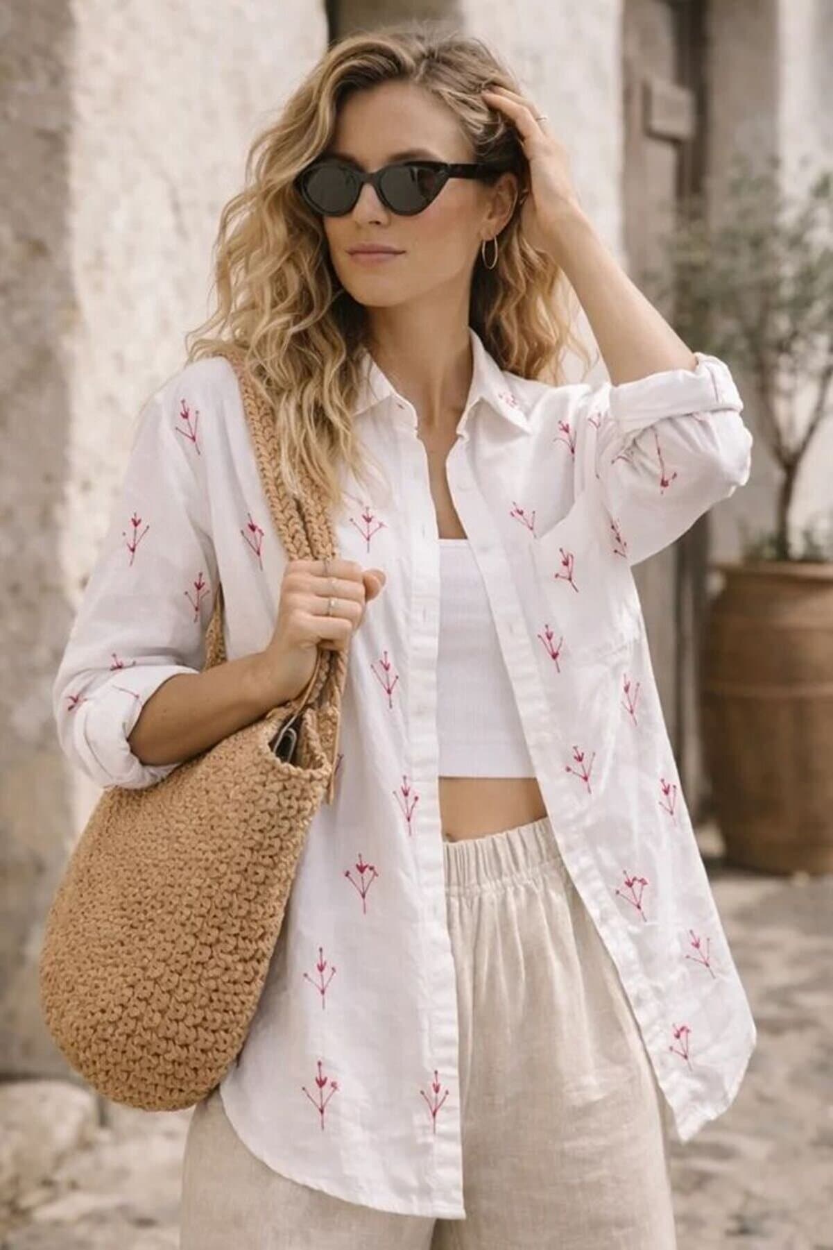 Comfortable Fit 100% Cotton Embroidered White Linen Textured Shirt