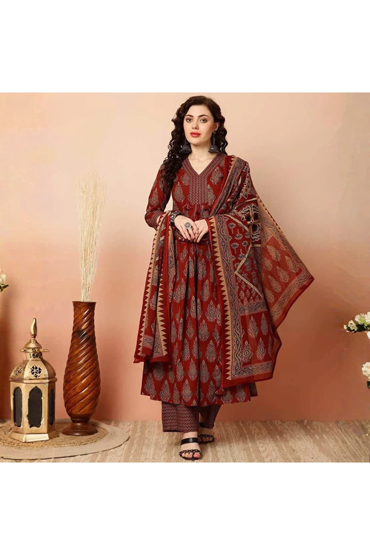Maroon Viscose Cotton Salwar Kameez Dupatta - ALV2010-Maroon-Size-M-38-Inches