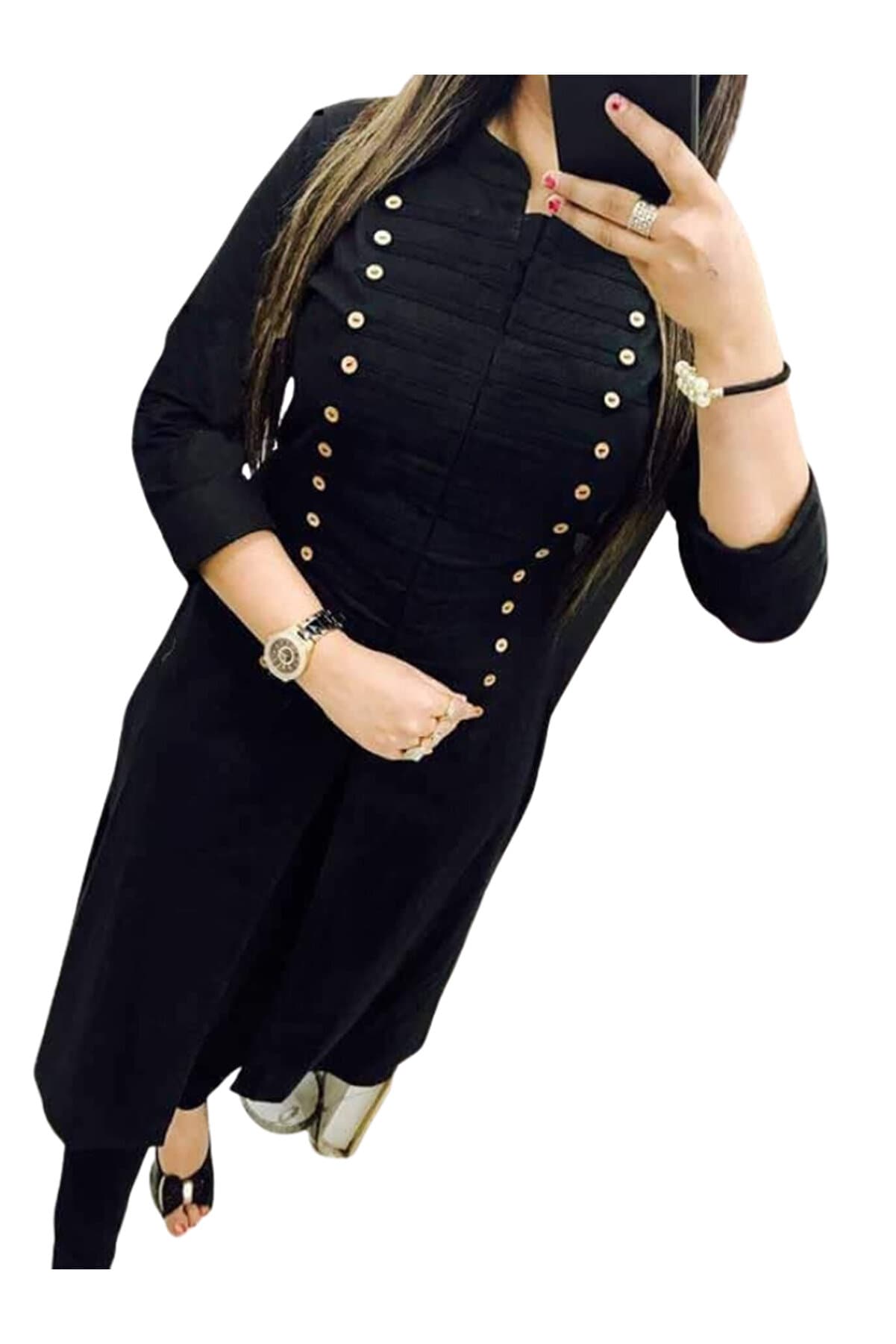 Black Cotton Button-Detail Kurti - NJF8840 | Black-Size:2XL-44-Inches