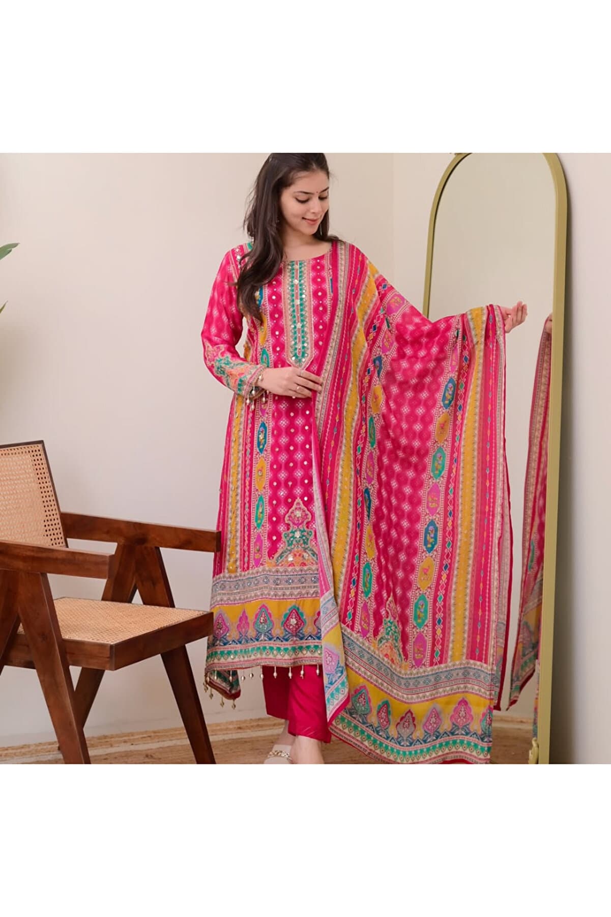 Pink Chinon Printed Mirror Work Palazzo Set with Dupatta - HRT4000 | Pink-Size:XL-42-Inches