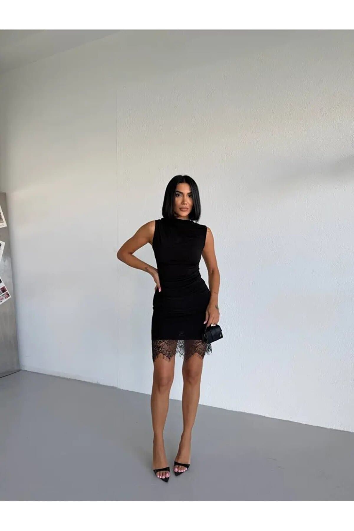 Skirt with Lace Detail Sandy Fabric Dress Black