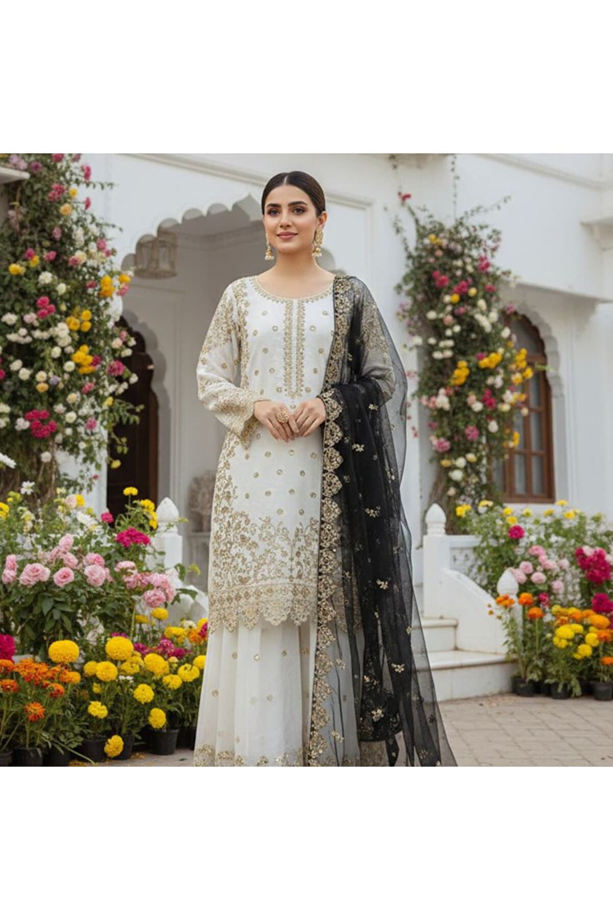 White Fandy Silk Embroidered Kurti Palazzo Set with Net Dupatta - HRT7575 | White