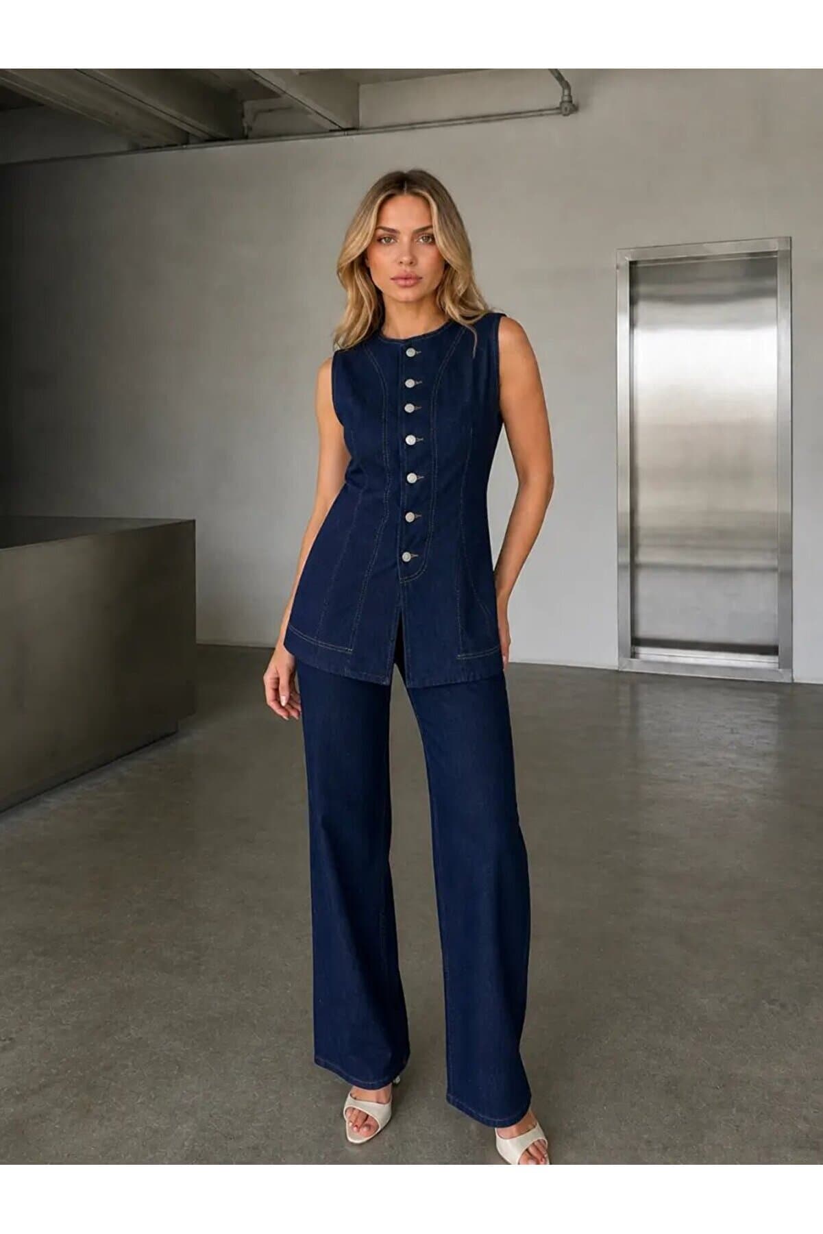 Button Detailed Denim Vest & Trousers Set – Navy Blue