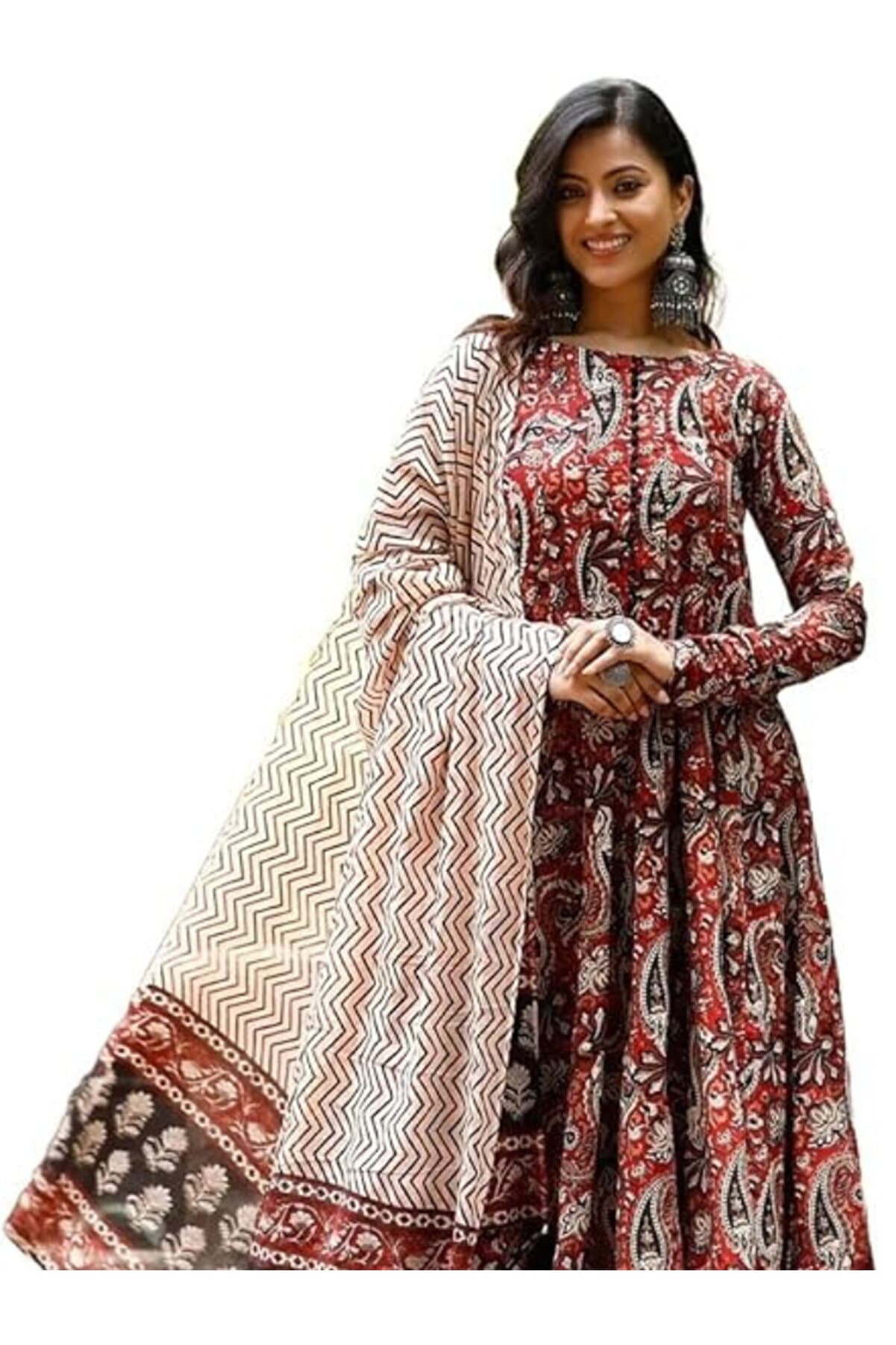 Maroon & Black Paisley Print Rayon Anarkali Kurta Set with Dupatta - AMZ1010