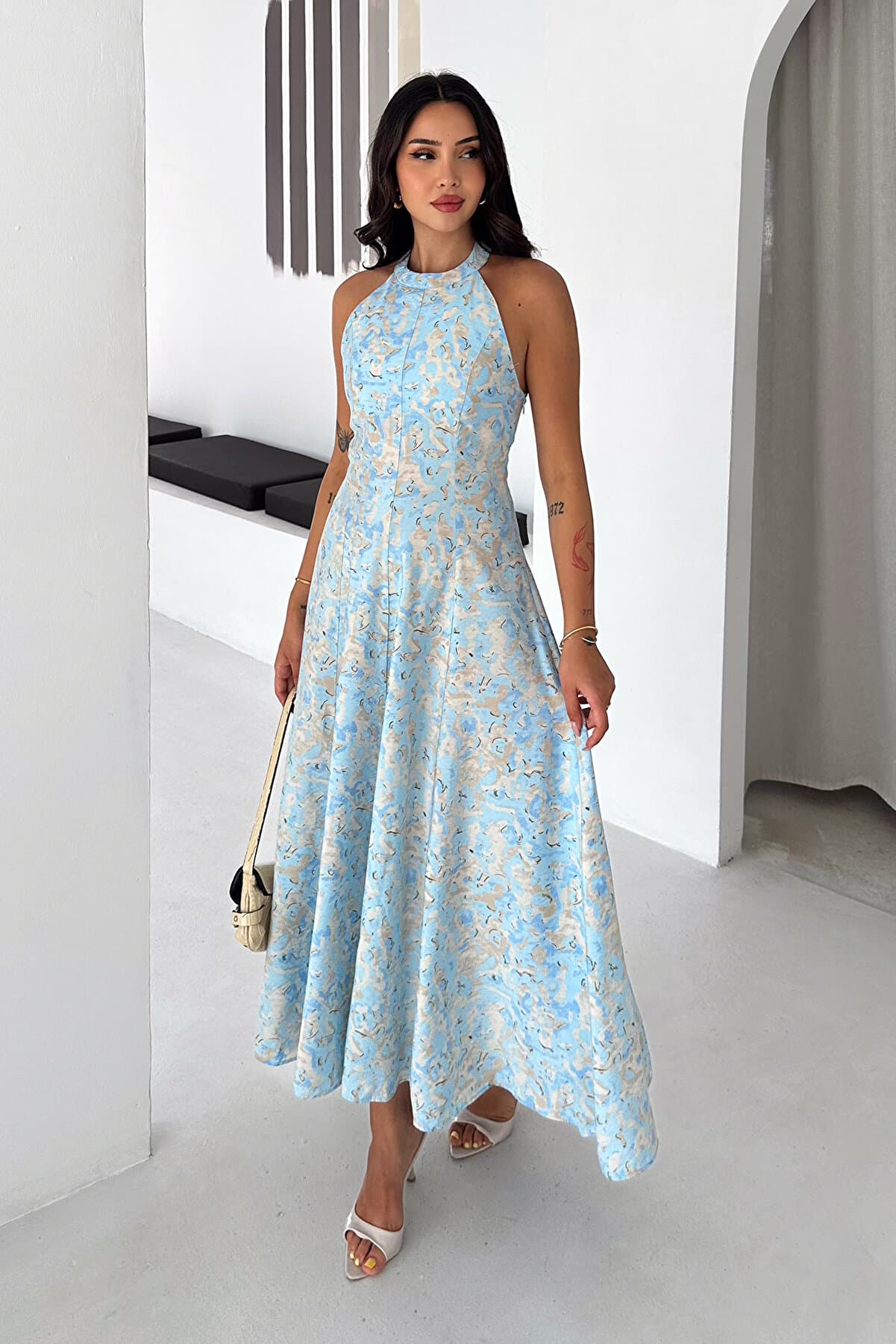 Women's Halter Neck Patterned Long Dress Blue Maxi Summer Dress