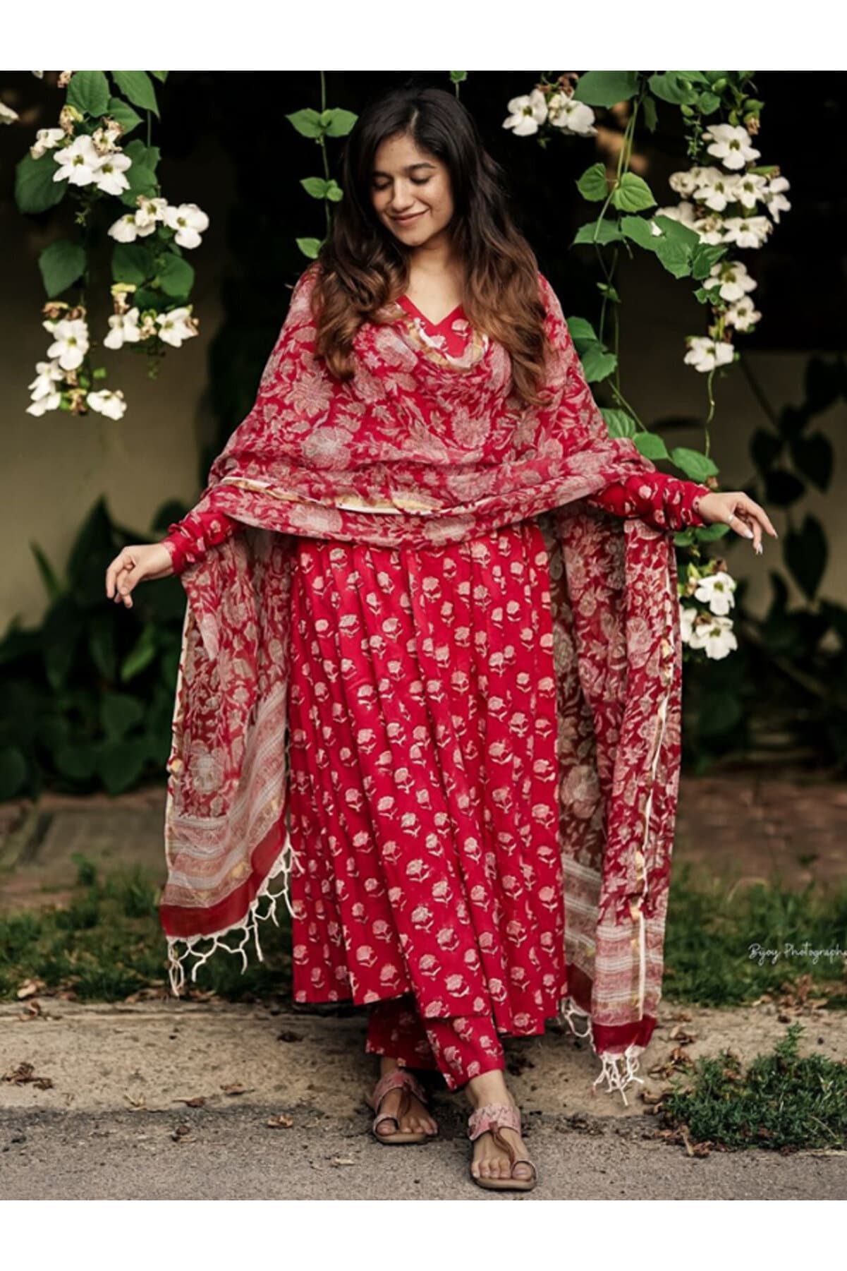Red Viscose Cotton Salwar Kameez Dupatta - ALV2012 | Red-Size:XL-42-Inches