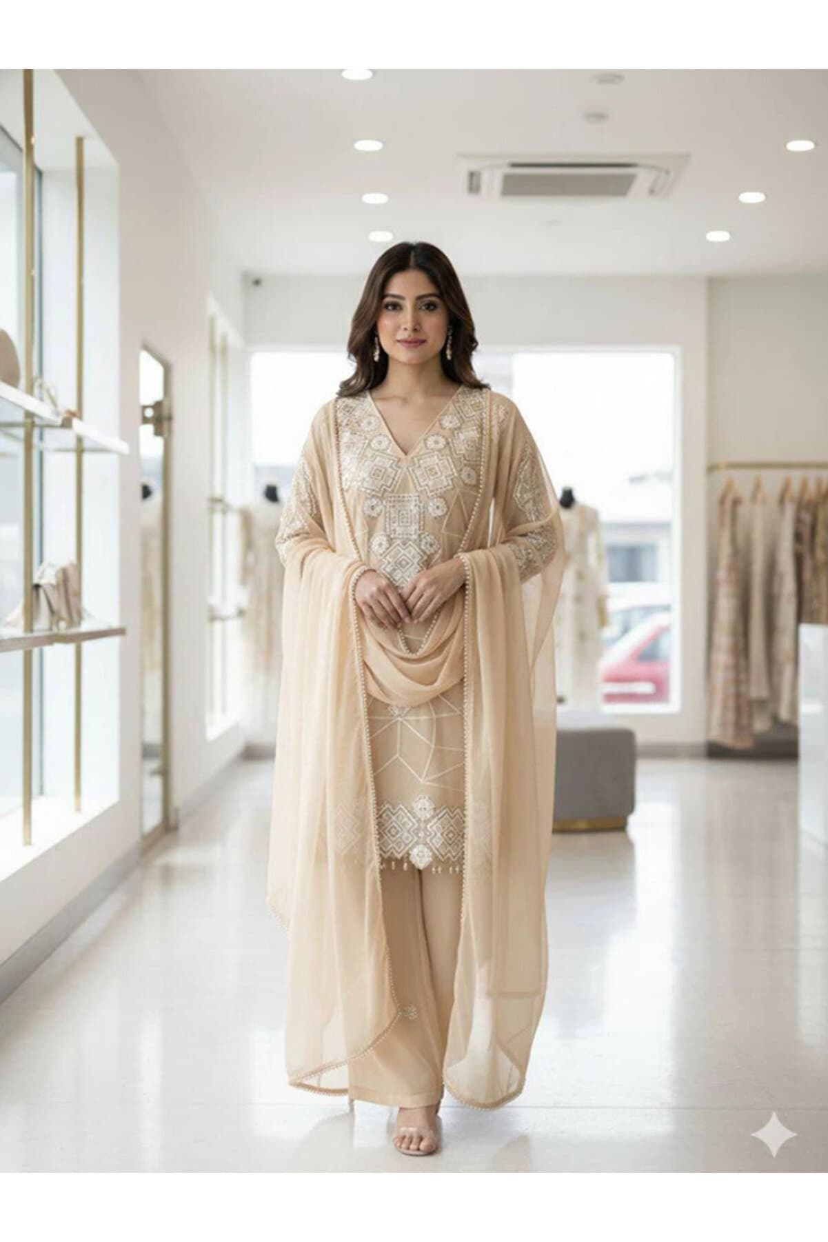 Beige Georgette Embroidered Kurta Plazzo Set - HRT7802-Beige-Size:2XL-44-Inches