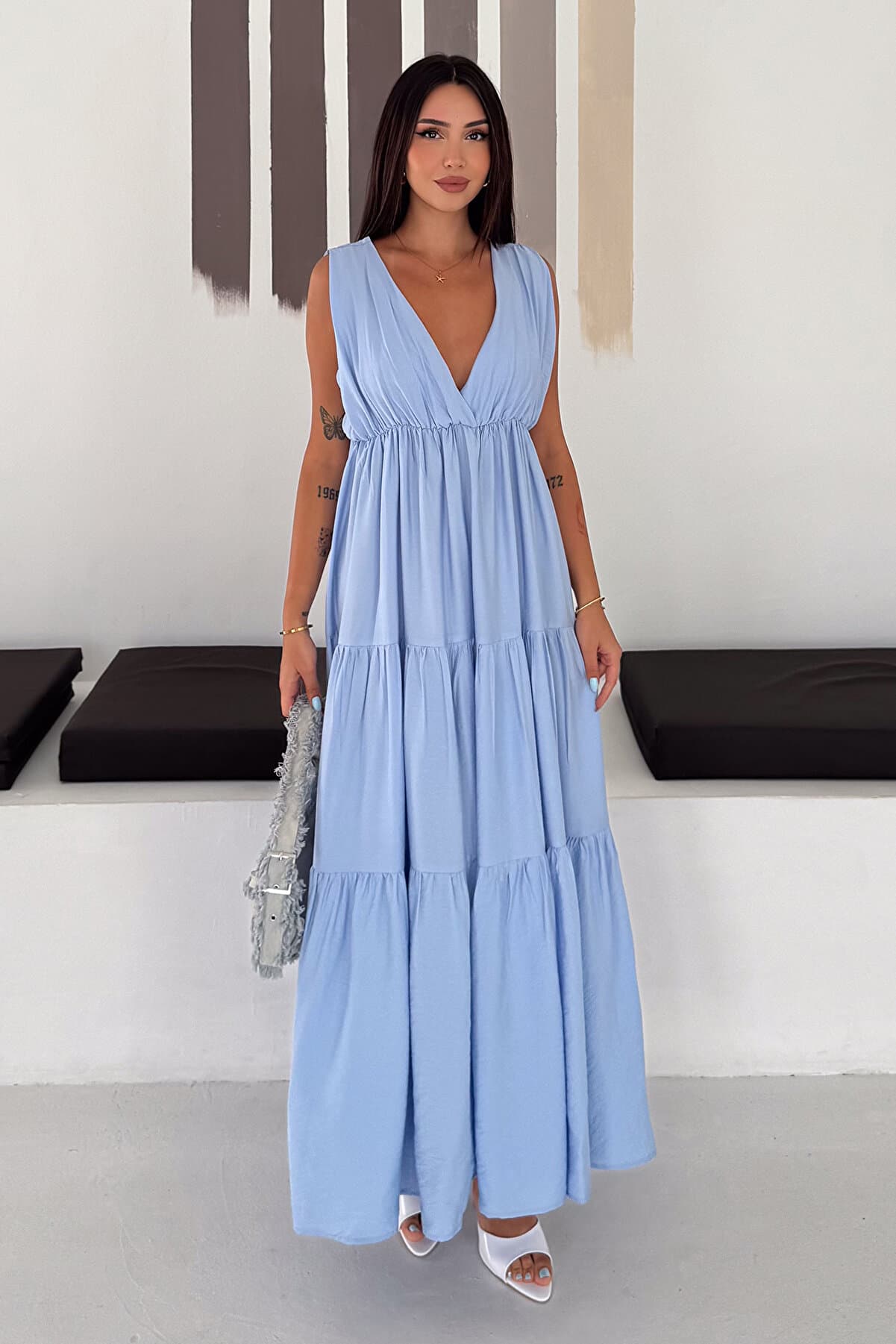 Women's V-Neck Layered Flounce Casual Maxi Dress
