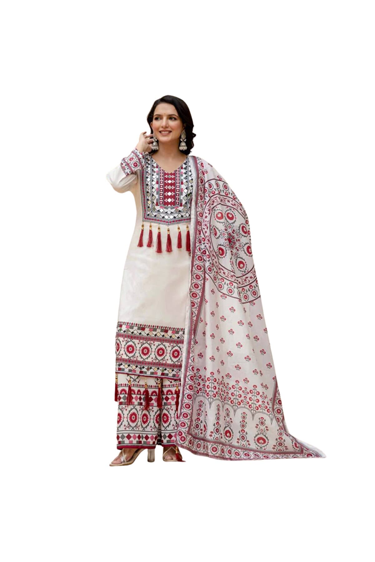 White Maslin Printed Mirror Work Palazzo Set with Dupatta - FFT7460 | White-Size:L-40-Inches