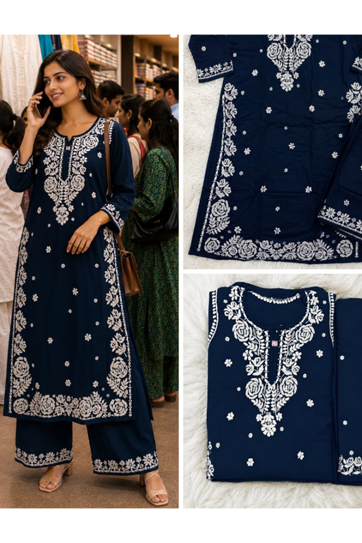 Navy Blue Chikankari Embroidered Kurta Palazzo Set - CHK1005 | Navy Blue-Size:XL-42-Inches