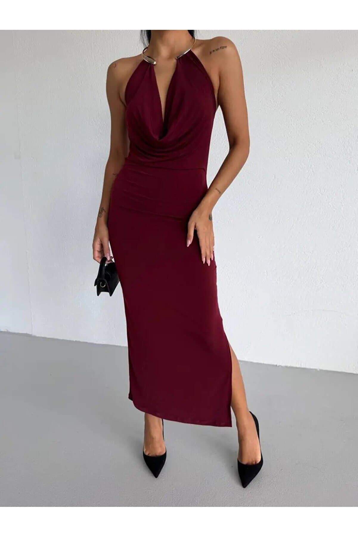 Sandy Fabric Collar Detail Dress Burgundy