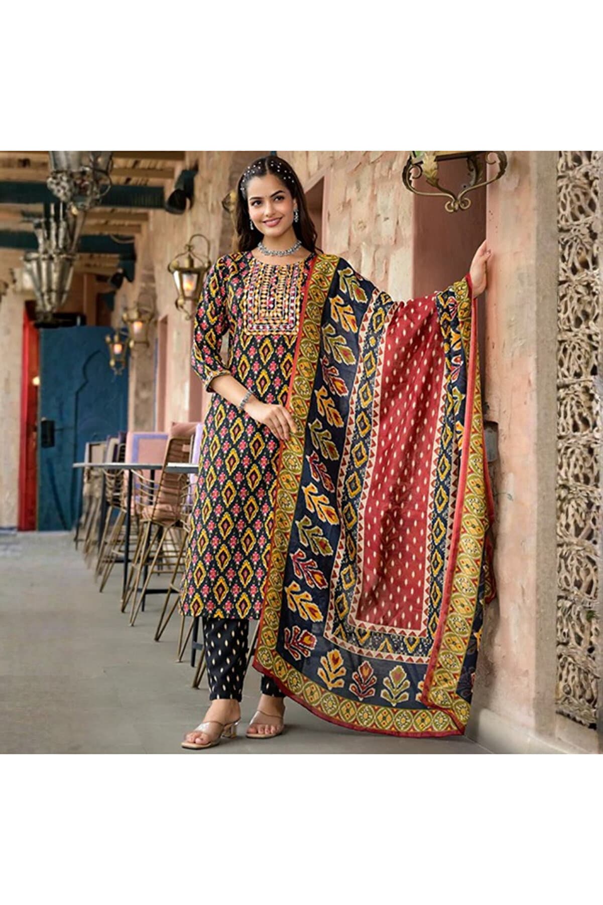 Yellow Women's Viscose Printed Kurta Pant And Dupatta Set - ALV1363-Size:XL-42-Inches