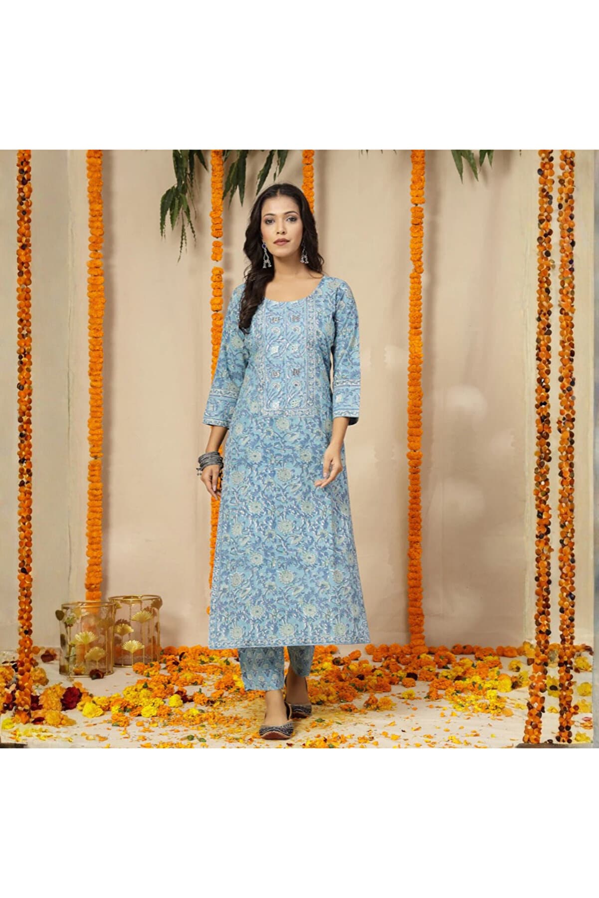 Blue Block Print Kurta Set With Printed Kota Dupatta - VRN1143 | Blue-Size:XL-42-Inches
