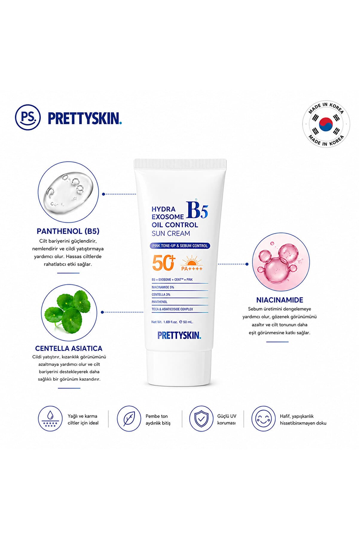 Prettyskin Hydra Exosome B5 Oil Control Sun Cream Spf50+ Pa++++ 50ml | Sebum Balancing Sunscreen for Combination Skin
