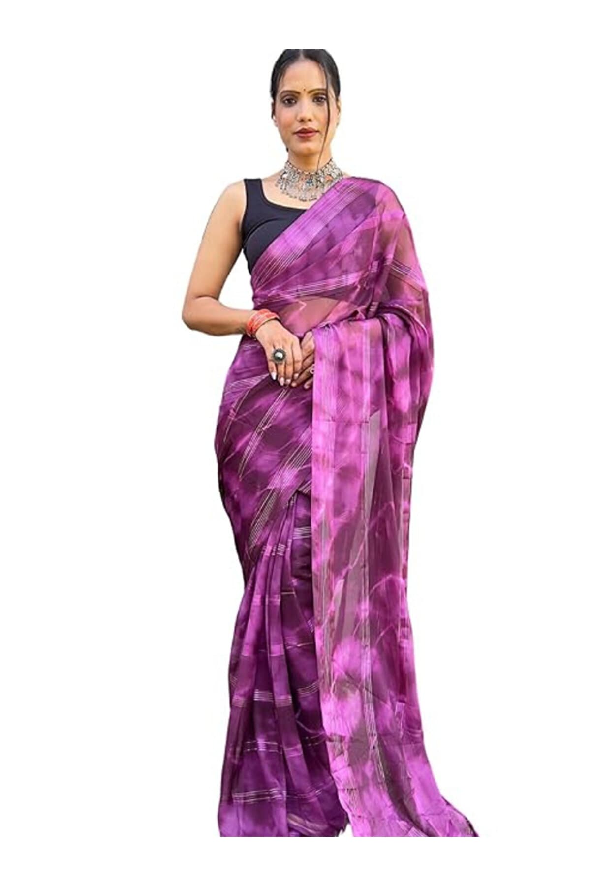 Purple Tie & Dye Zari Embellished Ready-to-Wear Saree - FFT5569 | Purple