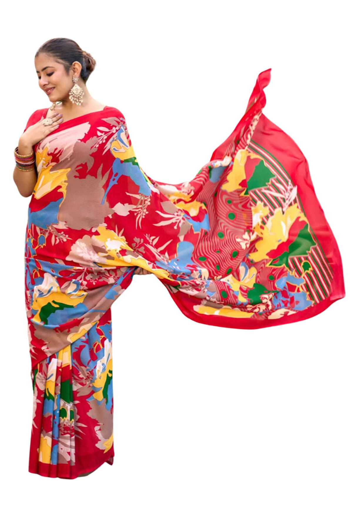 Red Soft Georgette Printed Saree with Printed Blouse - FFT6612 | Red
