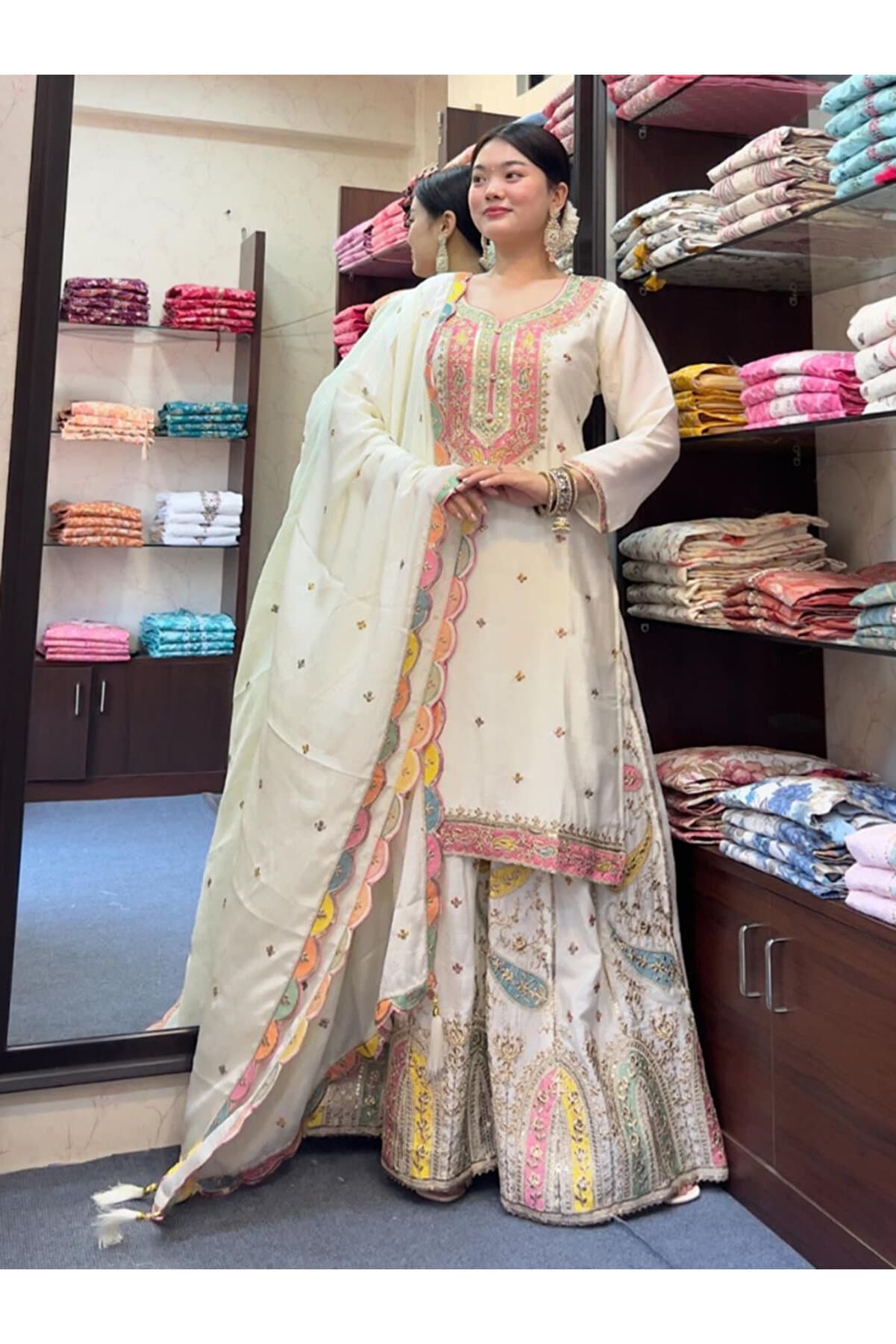 Beige Chinon Silk Top Pant & Dupatta - HRT4032 | Beige-Size:M-38-Inches