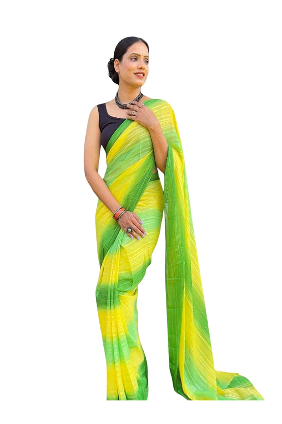 Green Tie & Dye Zari Embellished Ready-to-Wear Saree - FFT5569 | Green