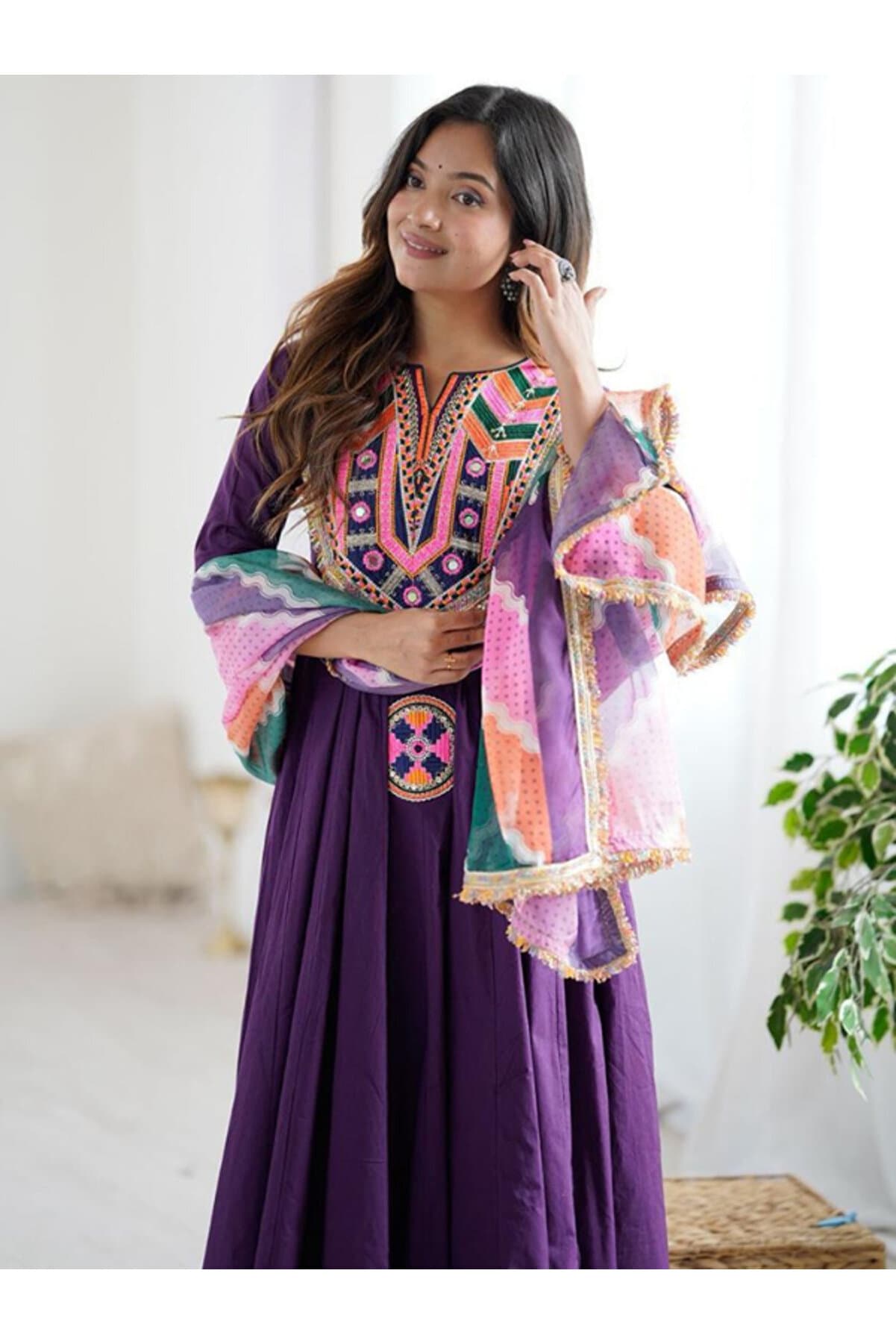 Purple Cotton Gown Bottom & Dupatta - HRT4396 | Purple-Size:2XL-44-Inches