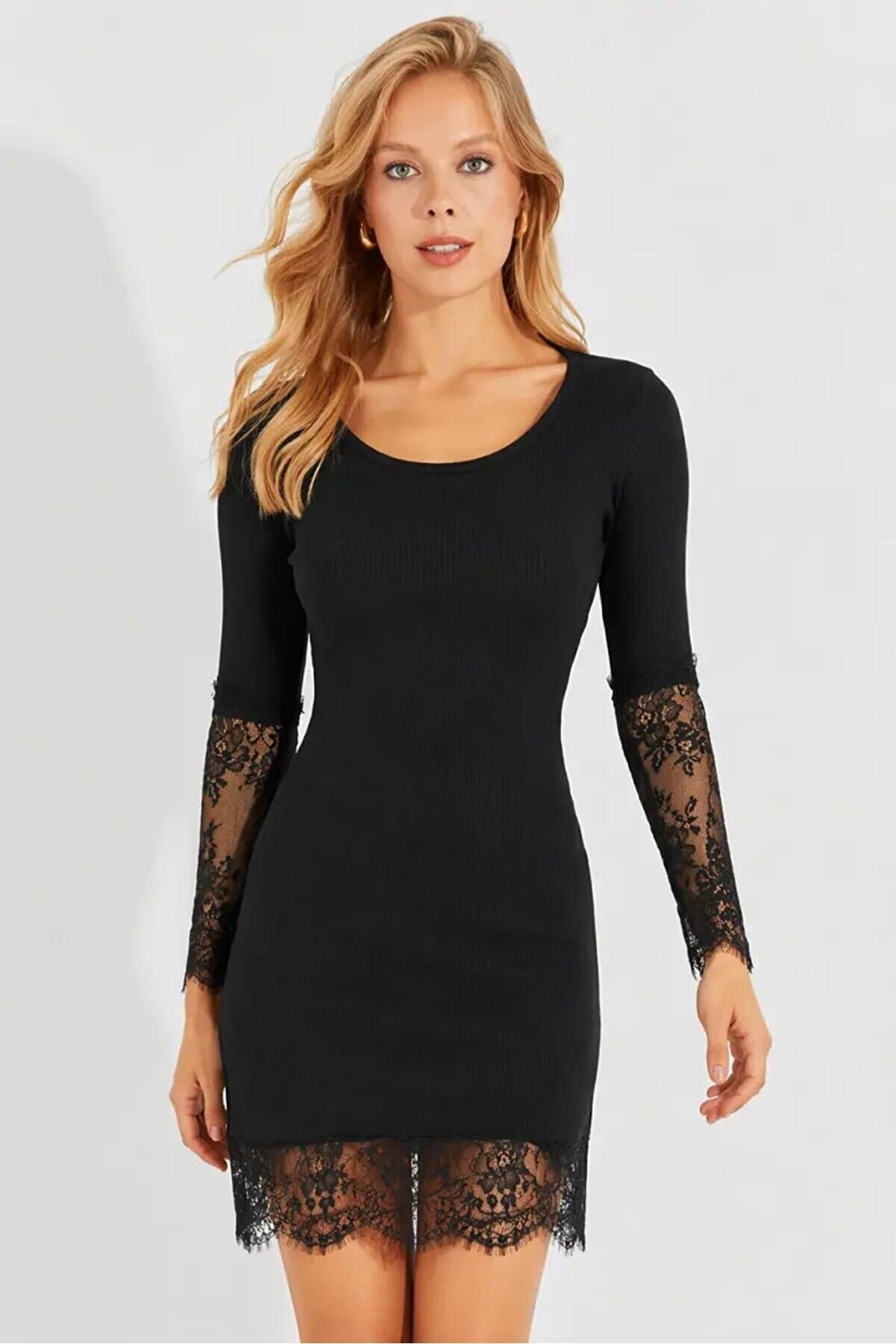 Black Camisole Lace Detailed Long Sleeve Women's Dress