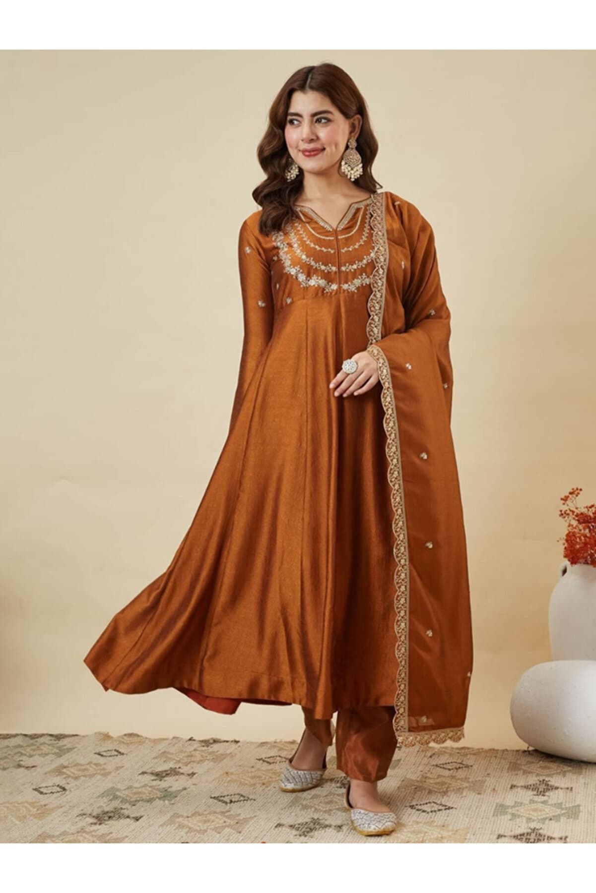 Rust Silk Kameez Salwar & Dupatta - TRT1010 - Rust-Size-M-38-Inches